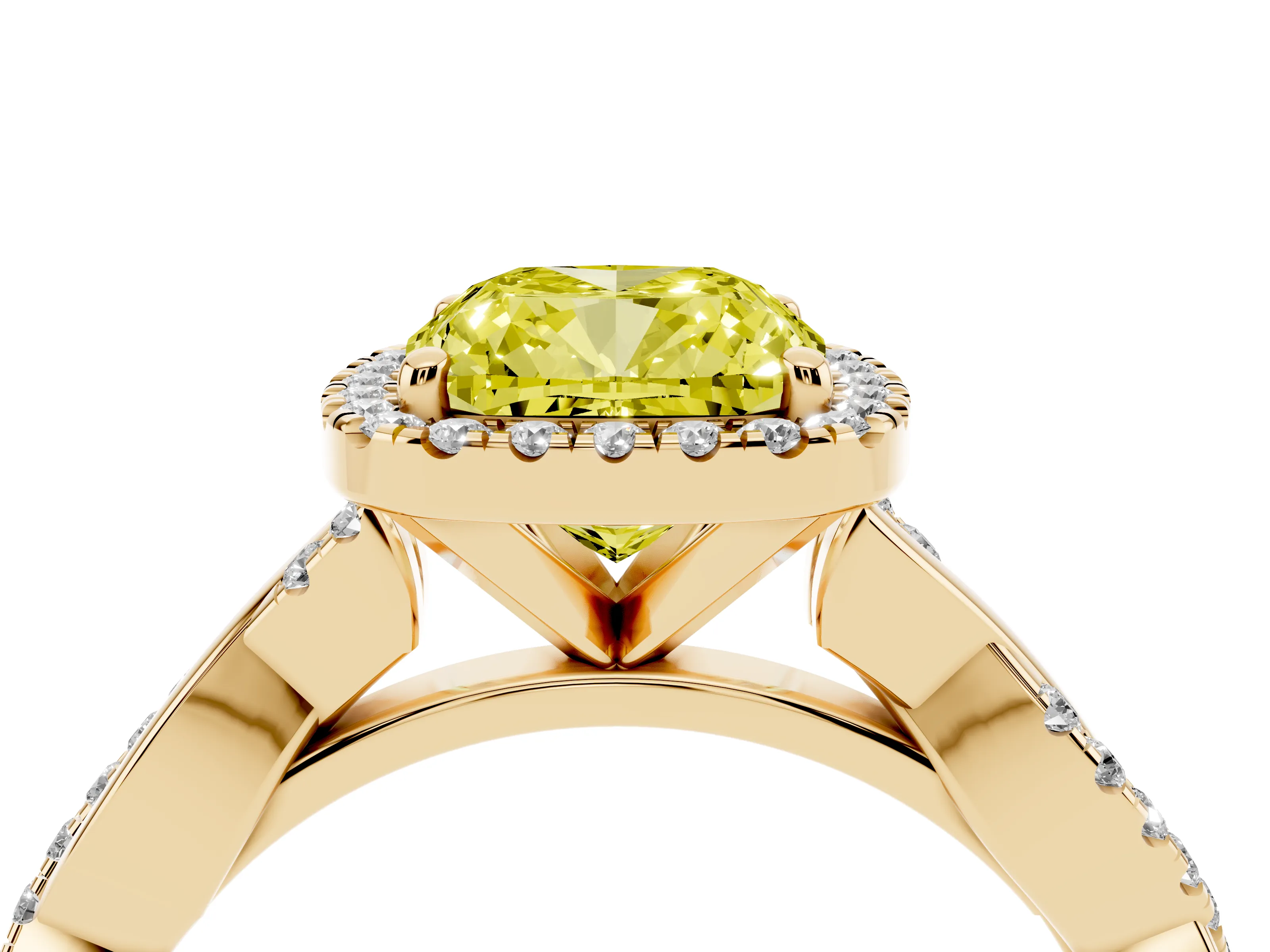 Fancy Yellow Cushion Cut Diamond Halo Twisted Band Ring Set in Yellow gold with Prong Setting
