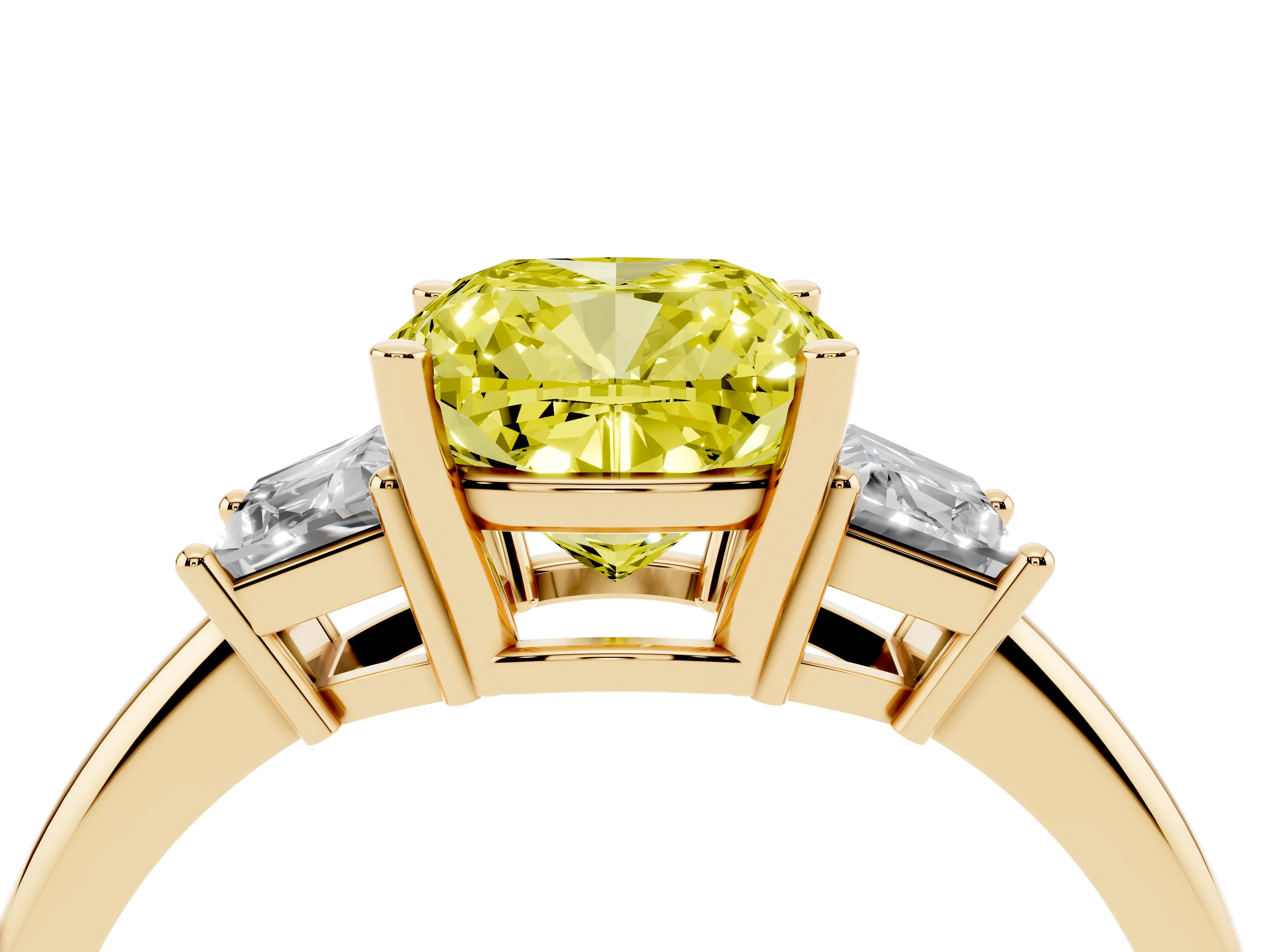 Fancy Yellow Cushion Cut Diamond Three-Stone Ring Set in Yellow gold with Trapezoid Side Stones and Prong Setting