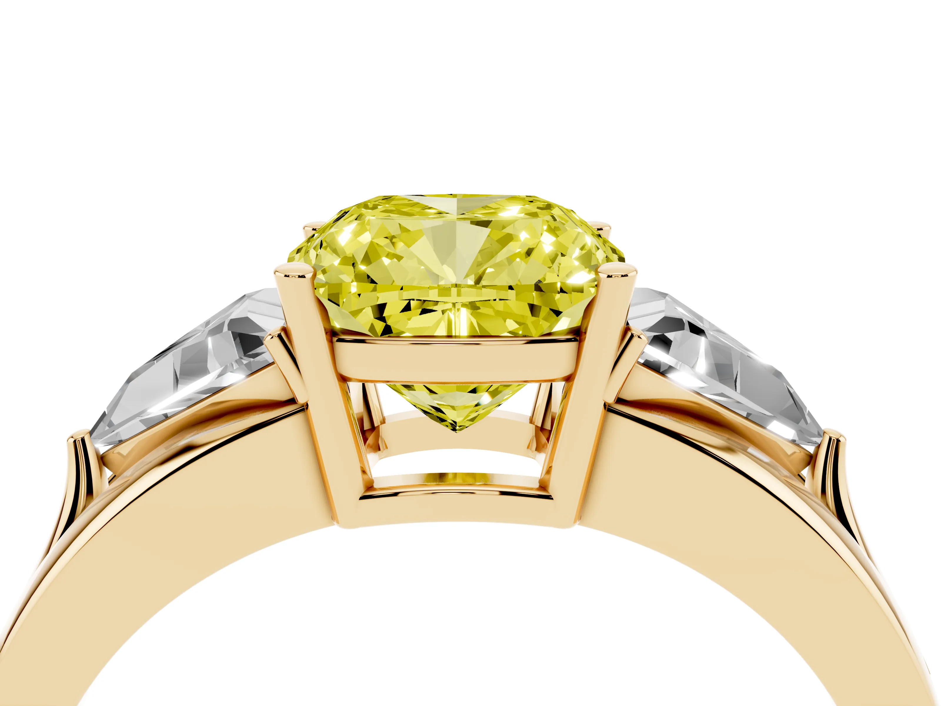 Fancy Yellow Cushion Cut Diamond Three-Stone Ring Set in Yellow gold with Trillion Side Stones and Split Shank