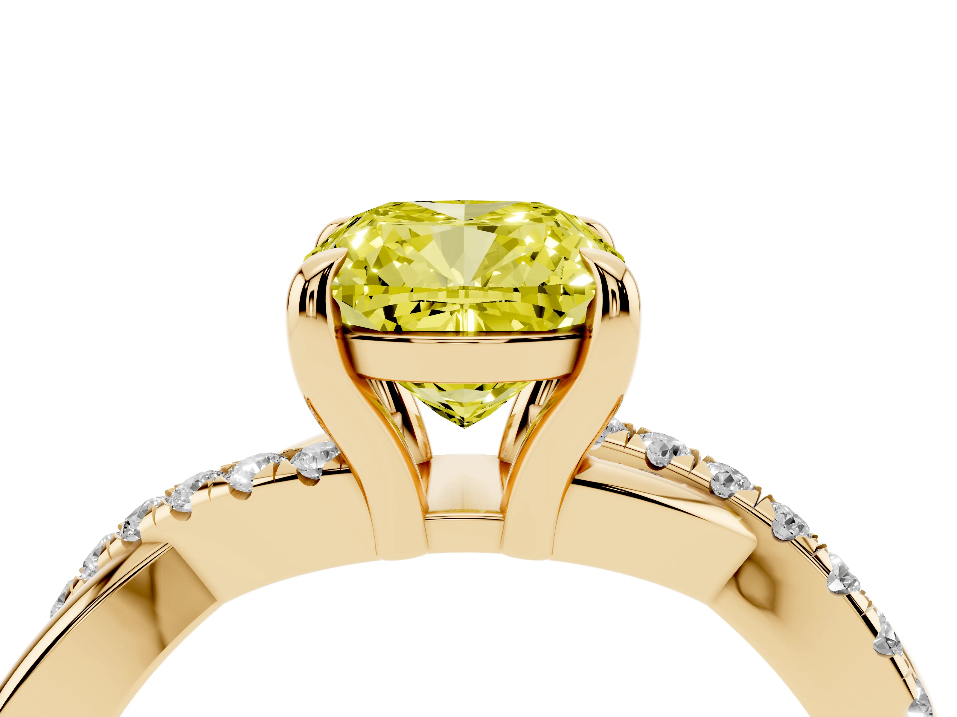 Fancy Yellow Cushion Cut Diamond Twist Band Pavé Solitaire Ring Set in Yellow gold with Prong Setting
