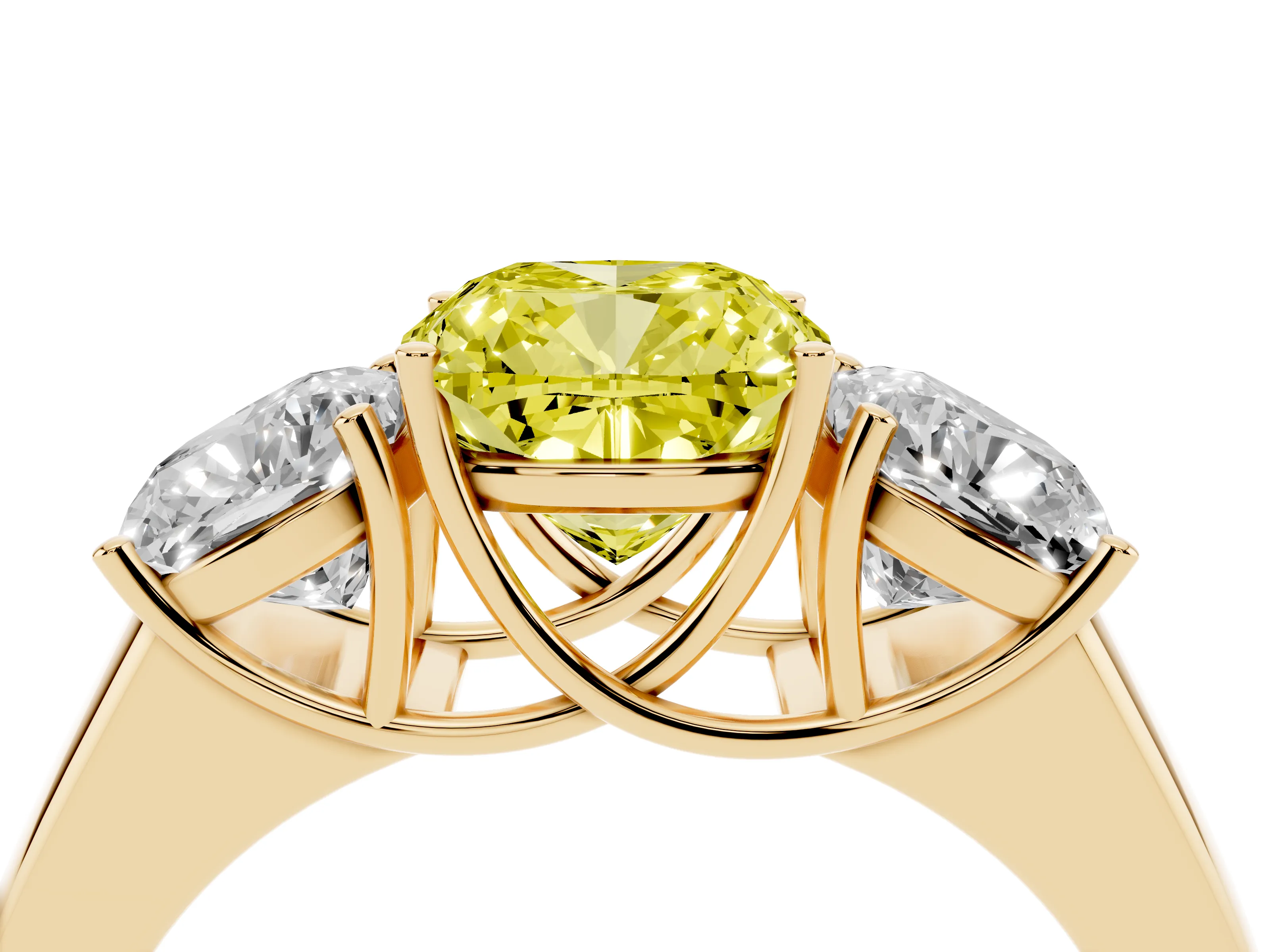 Fancy Yellow Three-Stone Cushion Cut Diamond Ring Set in Yellow gold with Matching Prong Settings and Plain Band