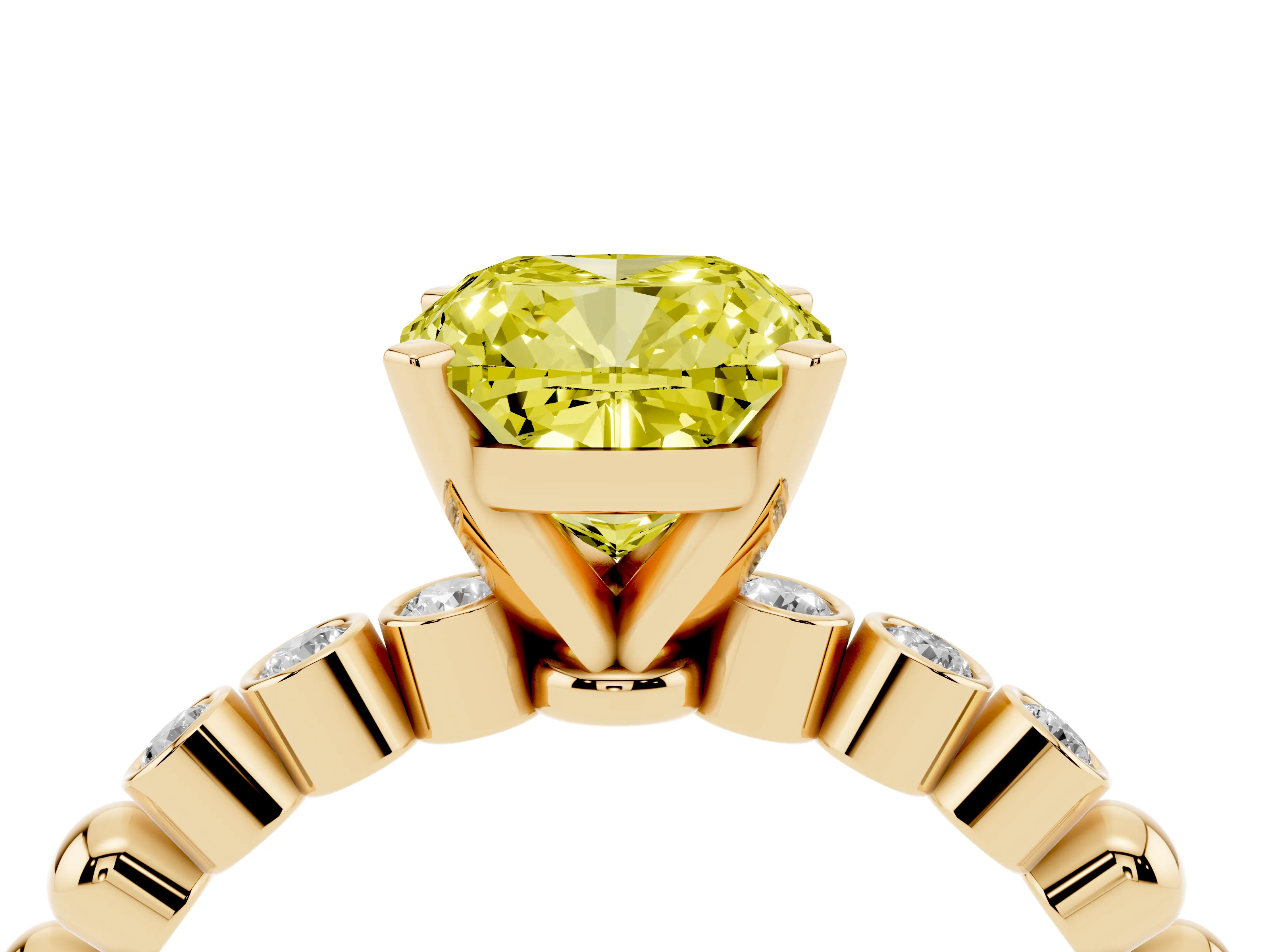 Fancy Yellow Cushion Cut Diamond Solitaire Engagement Ring Set in Yellow gold with Bezel Accents on Beaded Band