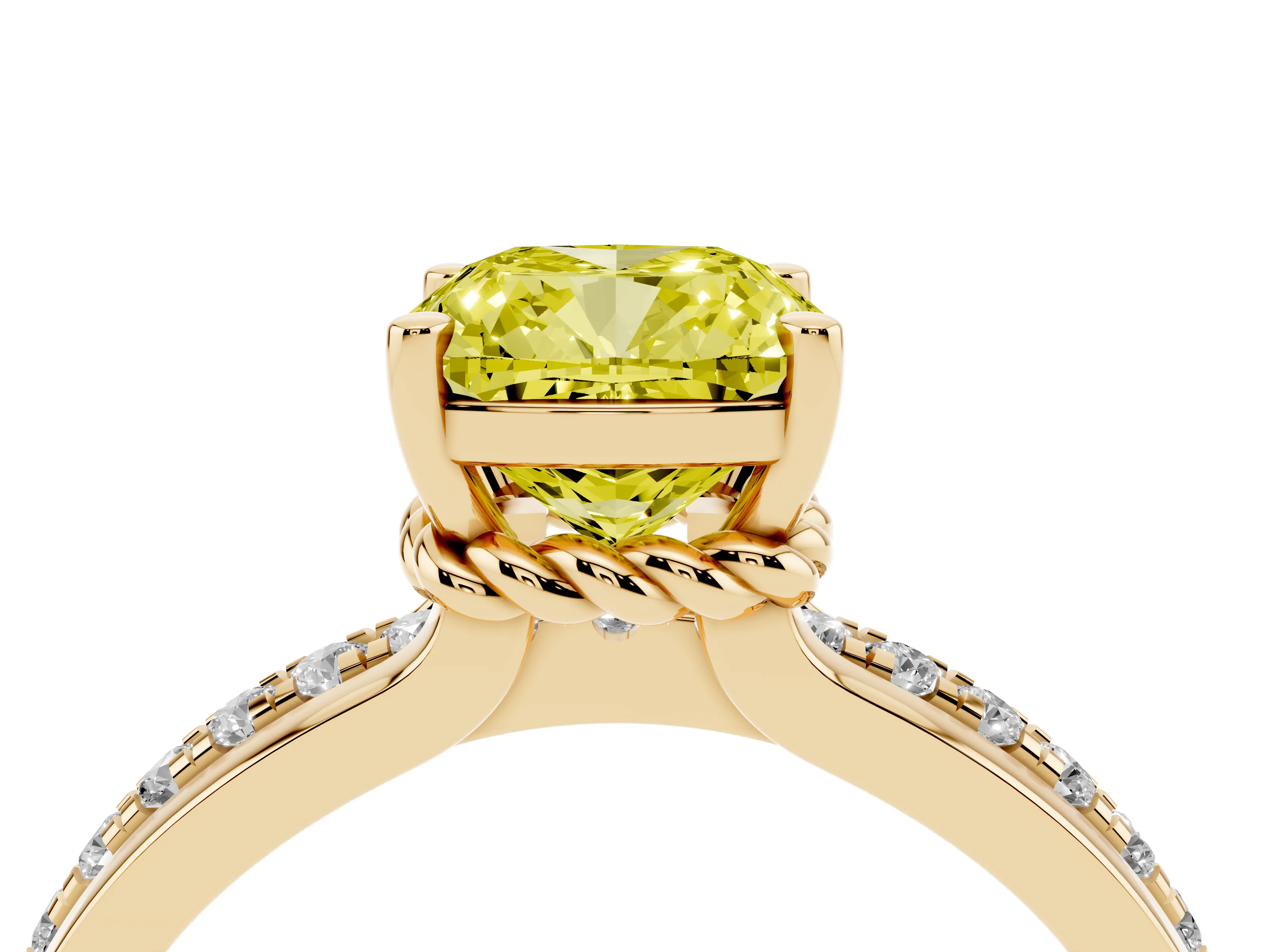 Fancy Yellow Cushion Cut Diamond Solitaire Ring Set in Yellow gold with Channel Set Band and Prong Setting