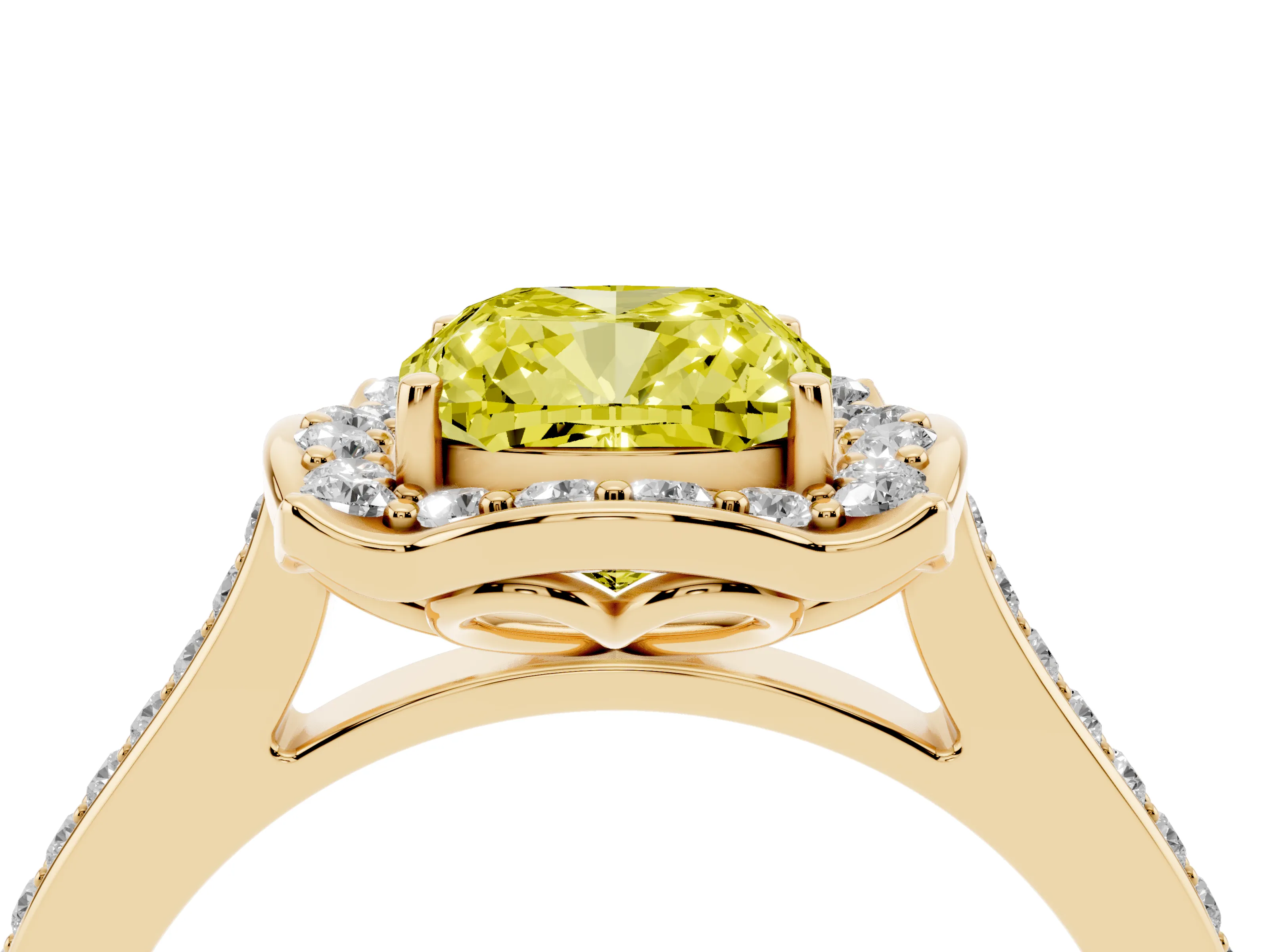 Fancy Yellow Cushion Cut Diamond Halo Ring Set in Yellow gold with Pavé-Lined Shoulders and Prong Setting