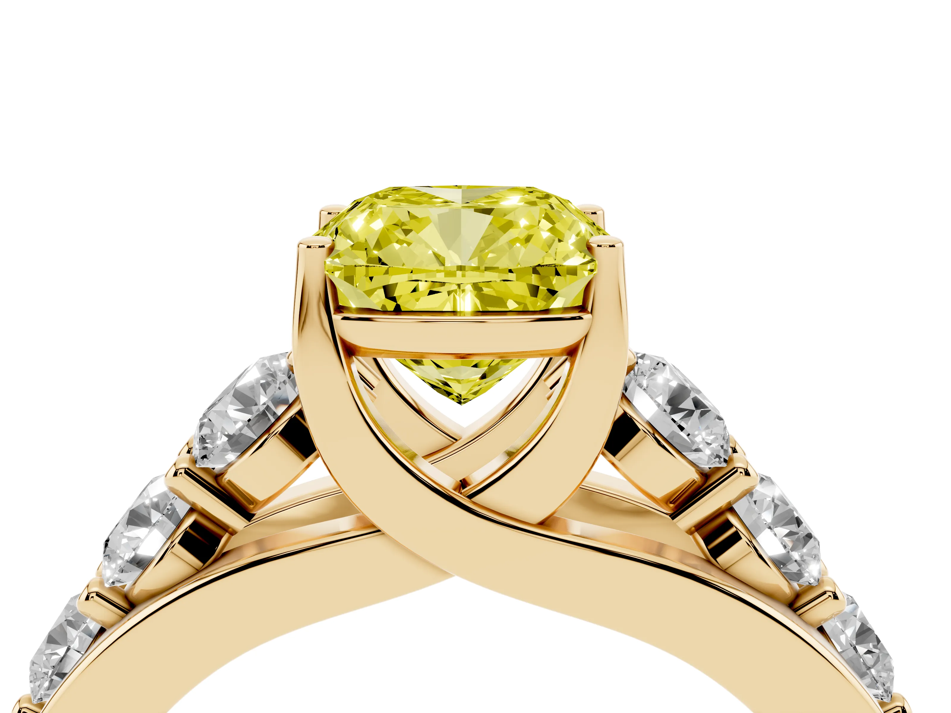 Fancy Yellow Cushion Cut Diamond Pavé Engagement Ring Set in Yellow gold with Prong Setting