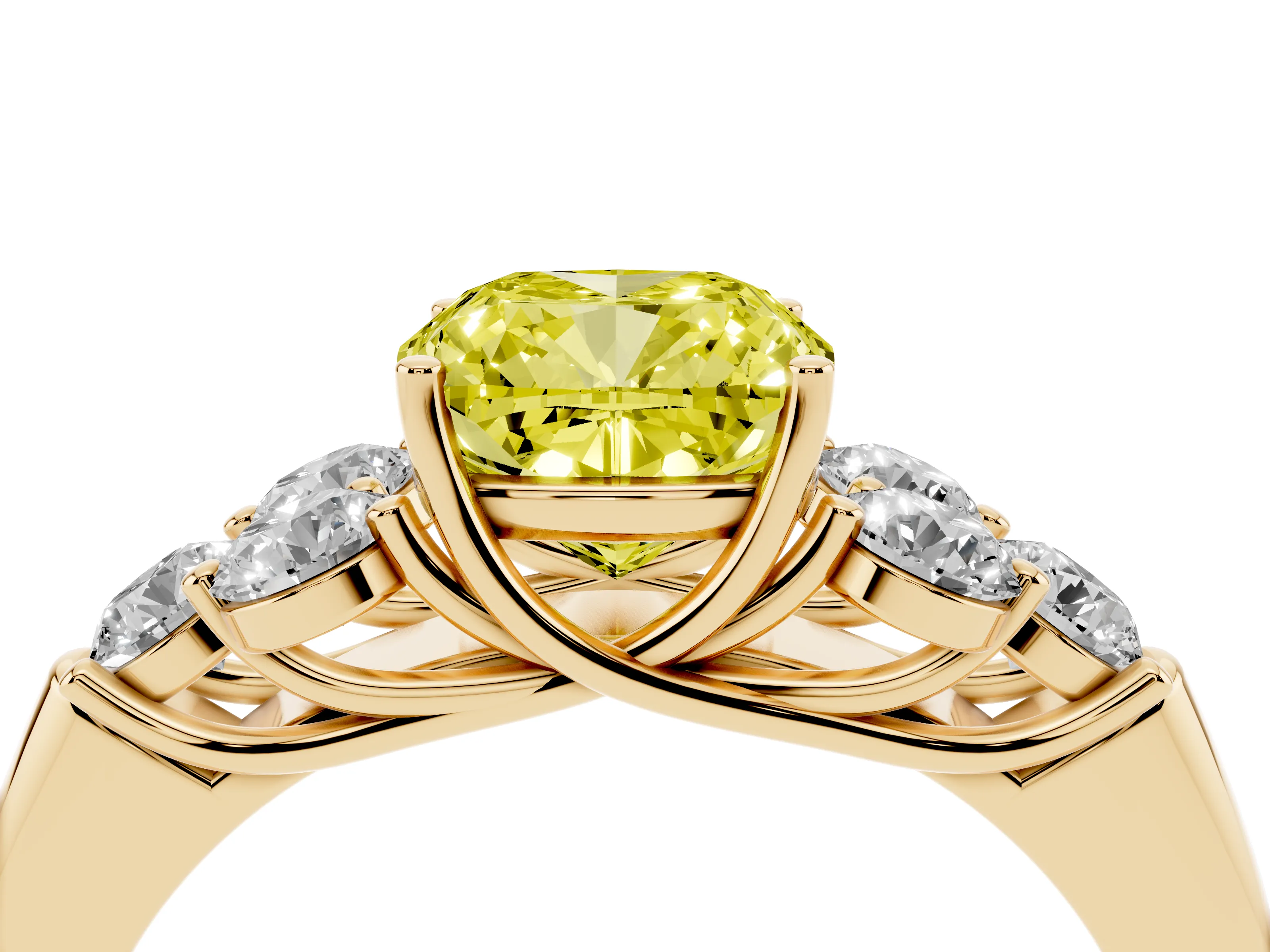 Fancy Yellow Cushion Cut Diamond Cluster Ring Set in Yellow gold with Round Accent Stones and Prong Setting on a Plain Band
