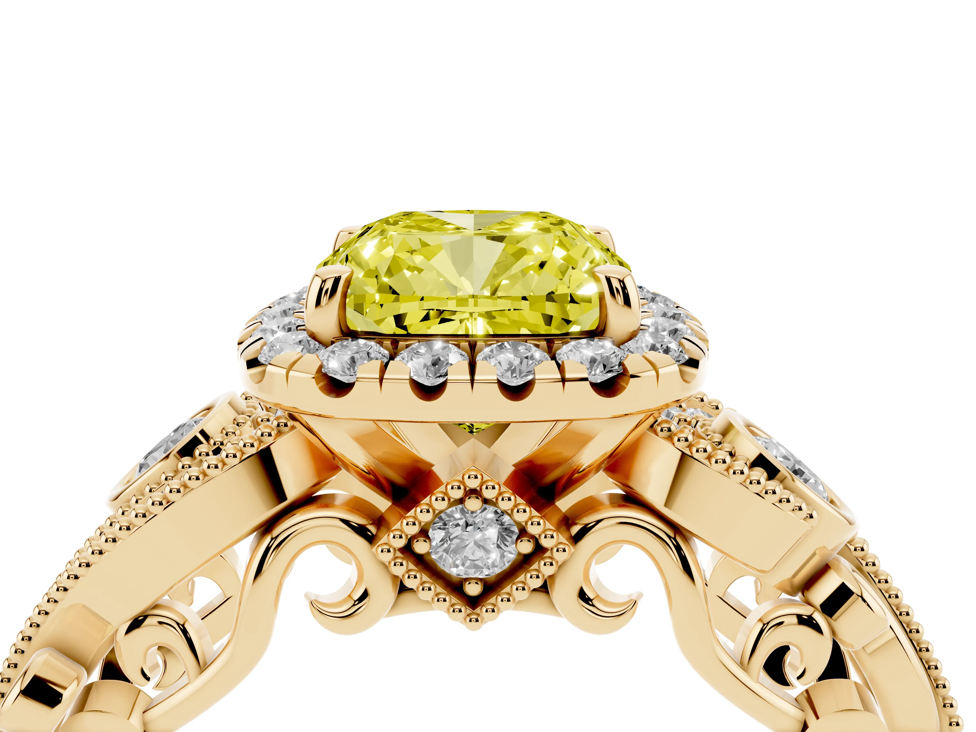 Fancy Yellow Cushion Cut Diamond Halo Ring Set in Yellow gold with Milgrain Pavé Band and Prong Setting