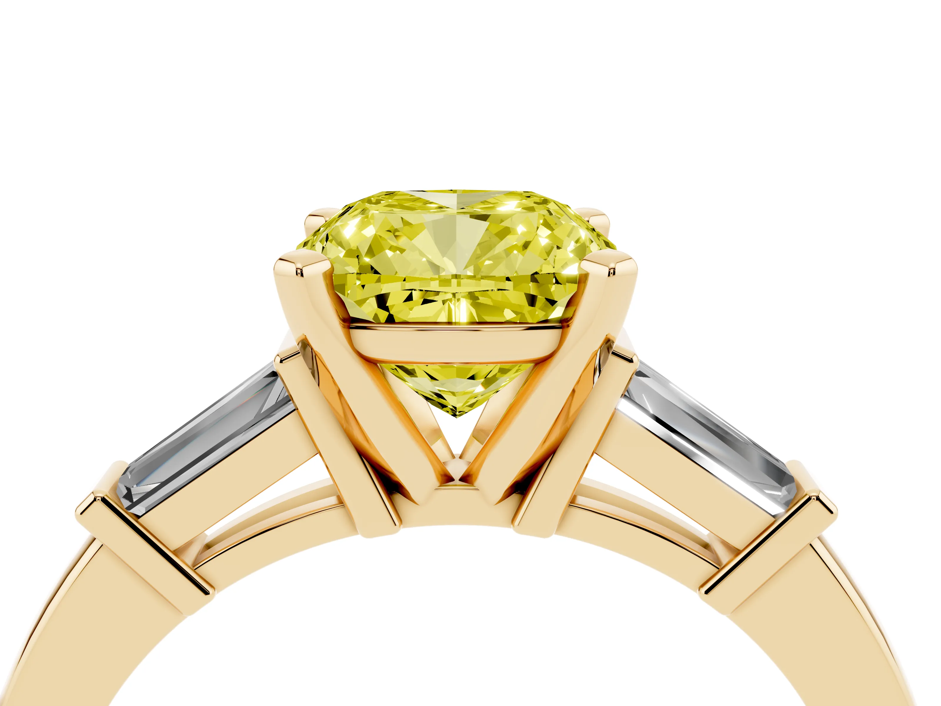 Fancy Yellow Cushion Cut Diamond Solitaire Ring Set in Yellow gold with Tapered Baguette Accents and Prong Setting