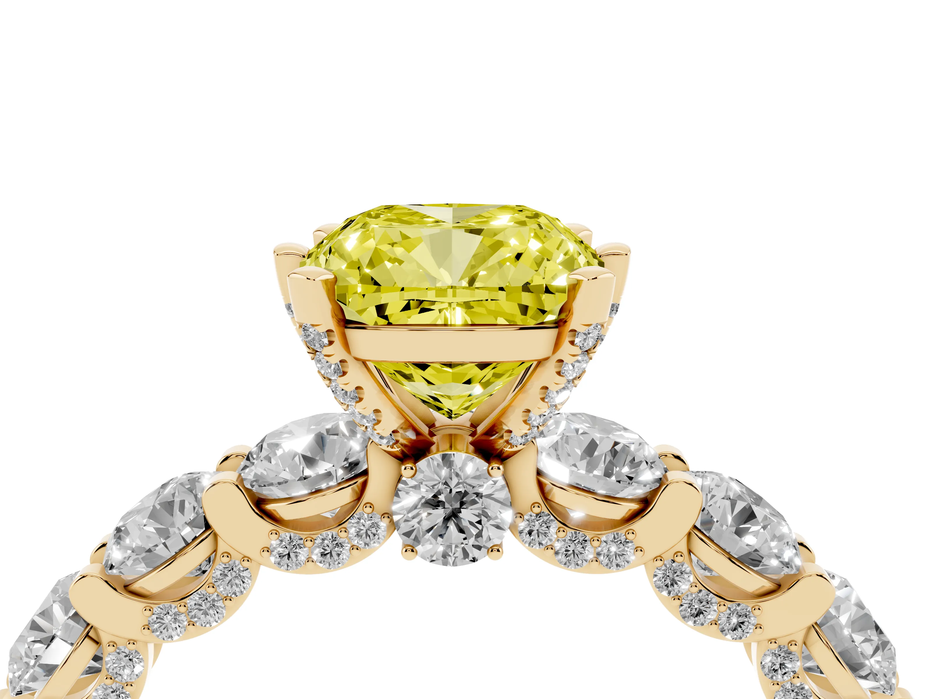 Fancy Yellow Cushion Cut Diamond Side Stone Ring Set in Yellow gold with Alternating Round and Oval Side Stones