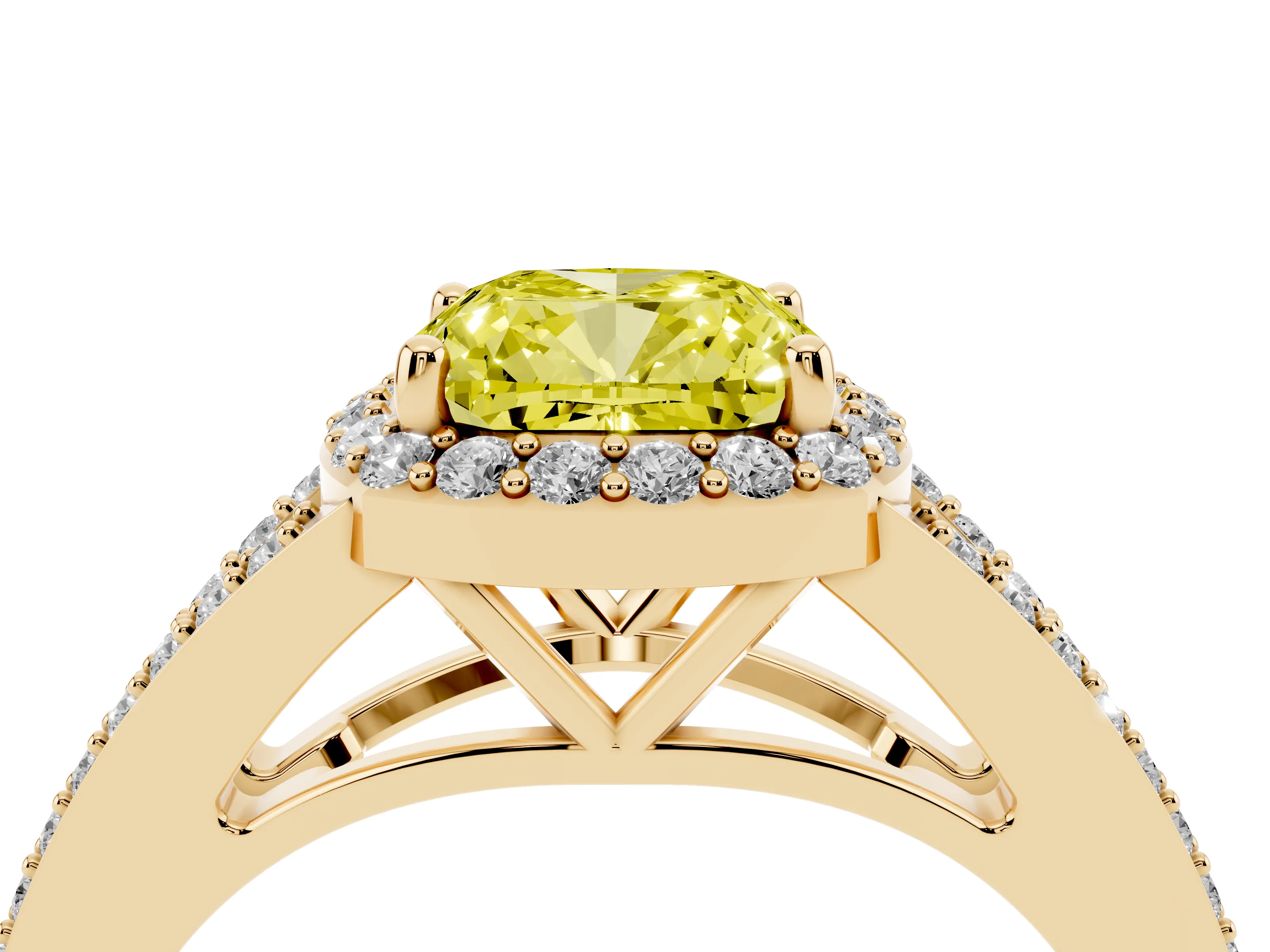 Fancy Yellow Cushion Cut Diamond Halo Split Shank Ring Set in Yellow gold with Accent Stones and Prong Setting