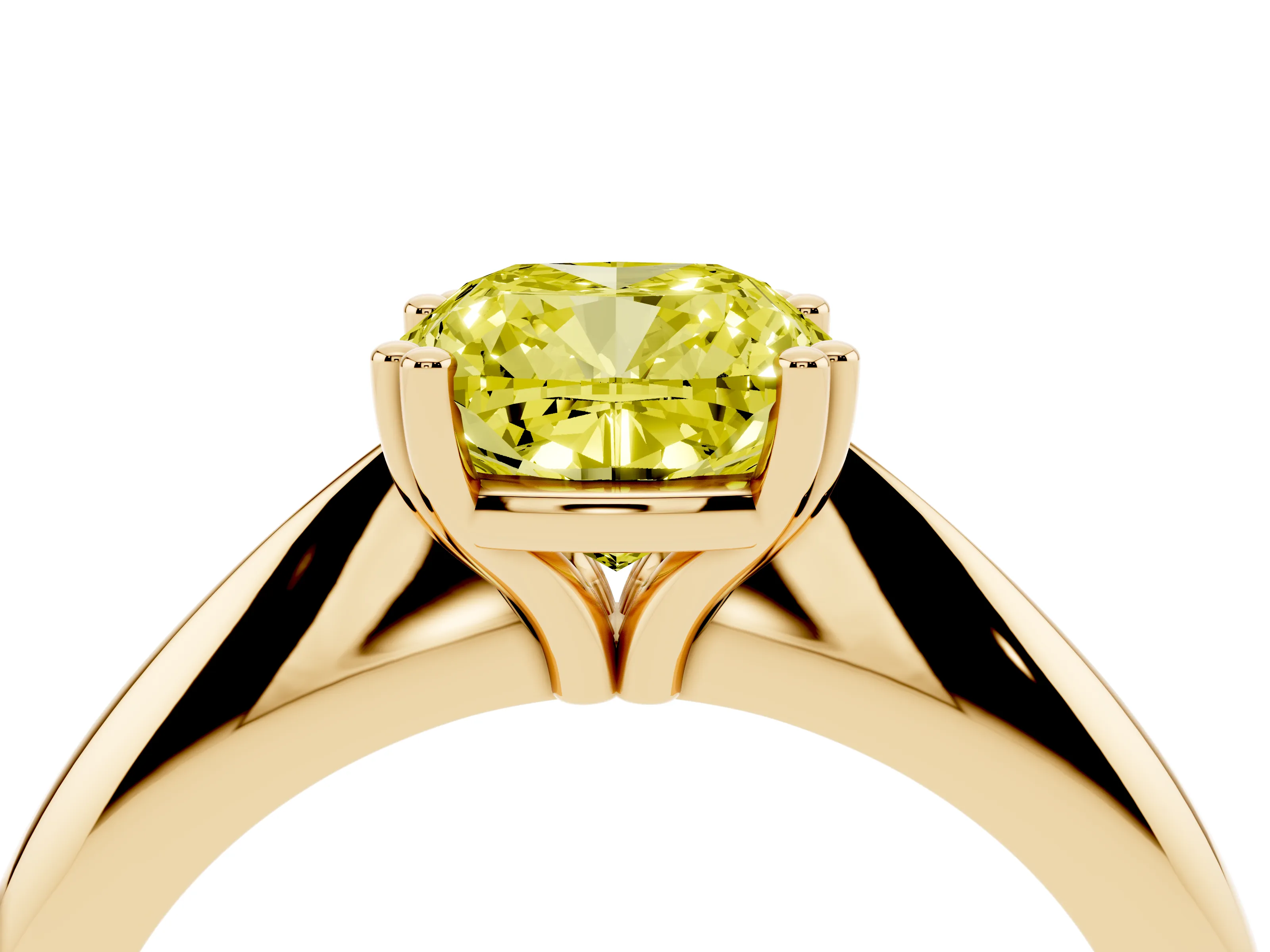 Fancy Yellow Cushion Cut Diamond Solitaire Engagement Ring Set in Yellow gold with Tapered Band and Prong Setting