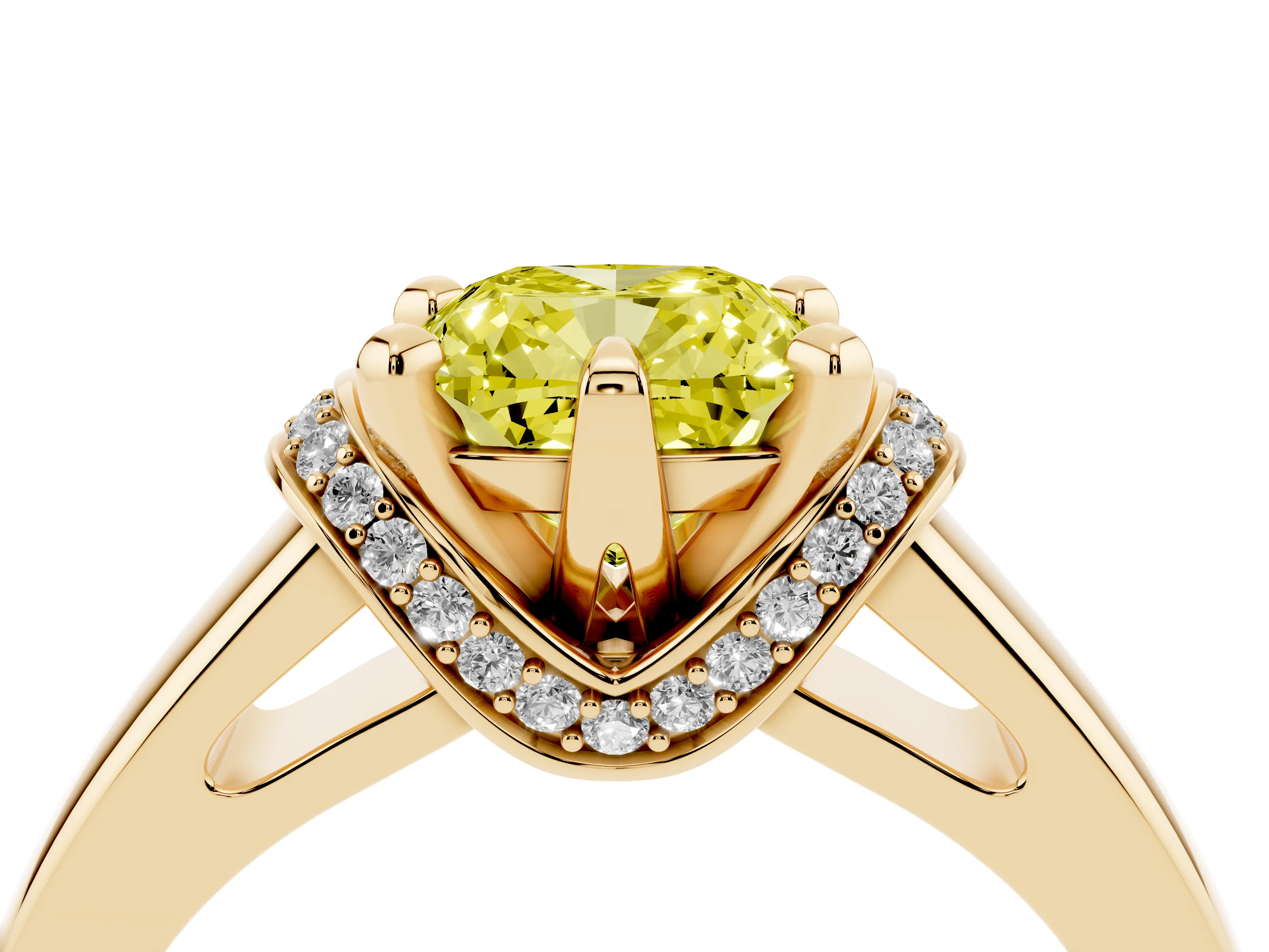 Fancy Yellow Cushion Cut Diamond Pavé Band Solitaire Ring Set in Yellow gold with Prong Setting