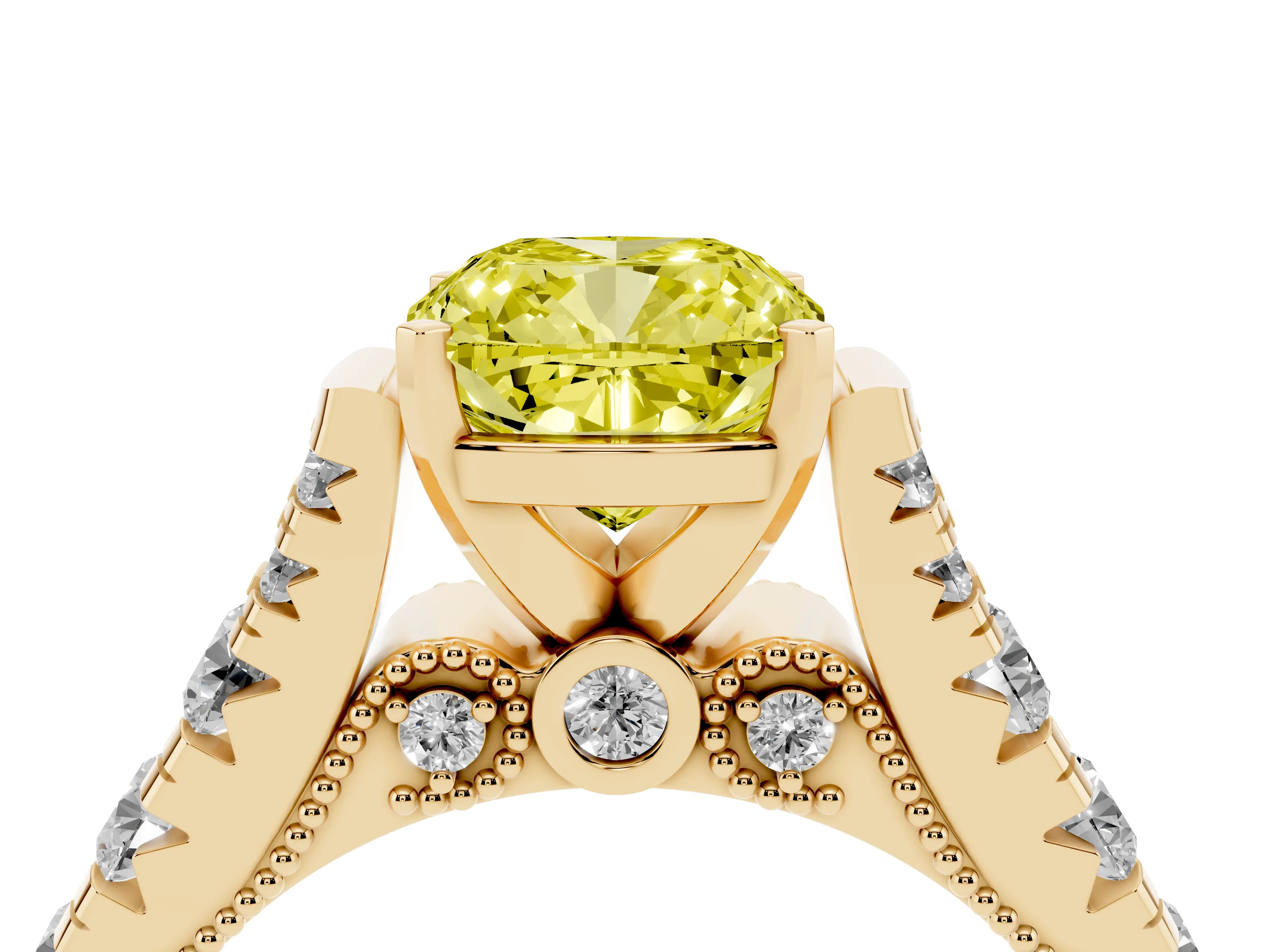 Fancy Yellow Cushion Cut Diamond Classic Solitaire Ring Set in Yellow gold with Pavé Band and Prong Setting