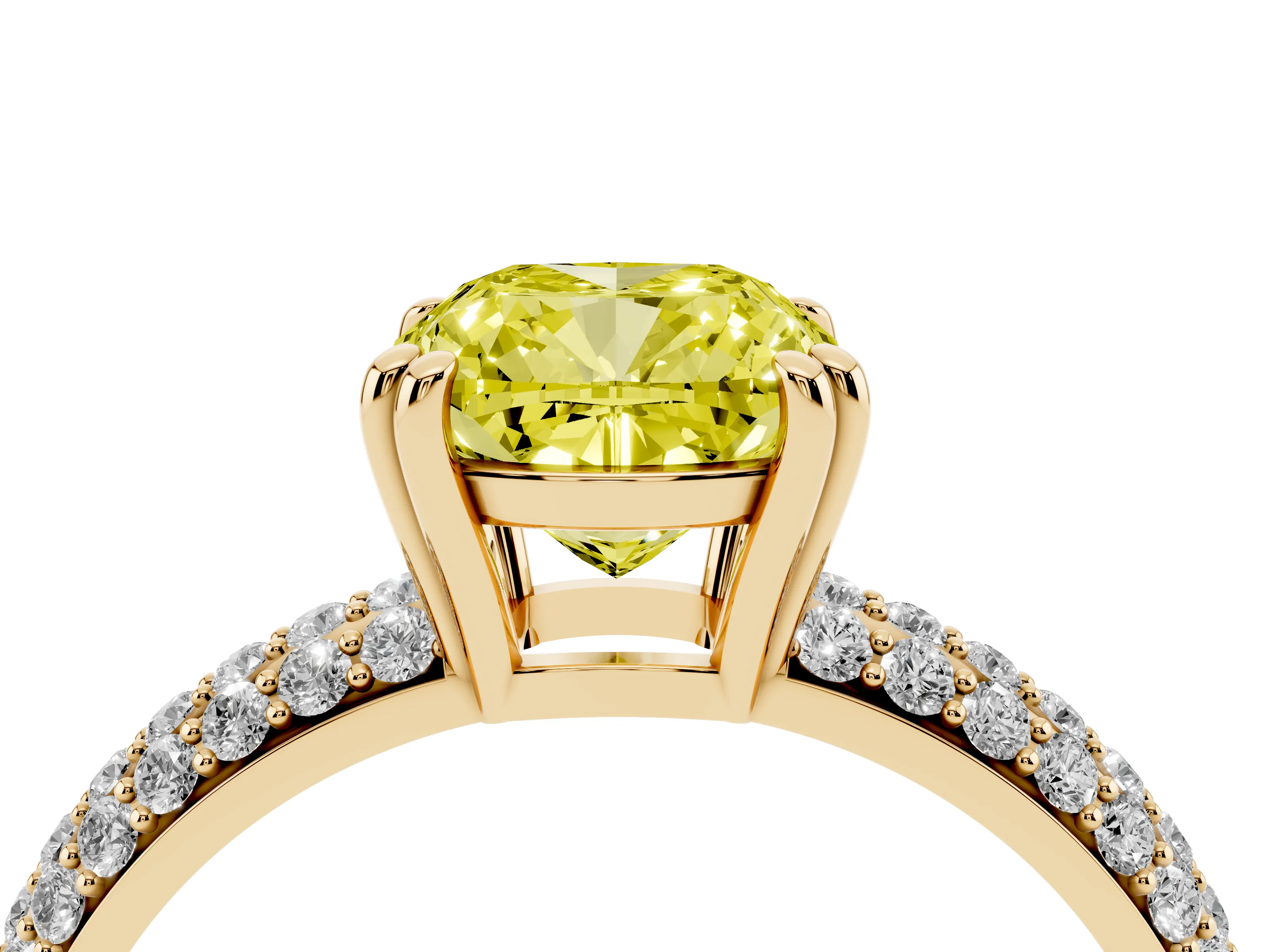 Fancy Yellow Cushion Cut Diamond Solitaire Ring Set in Yellow gold with Multi-Row Round Pavé Band and Prong Setting
