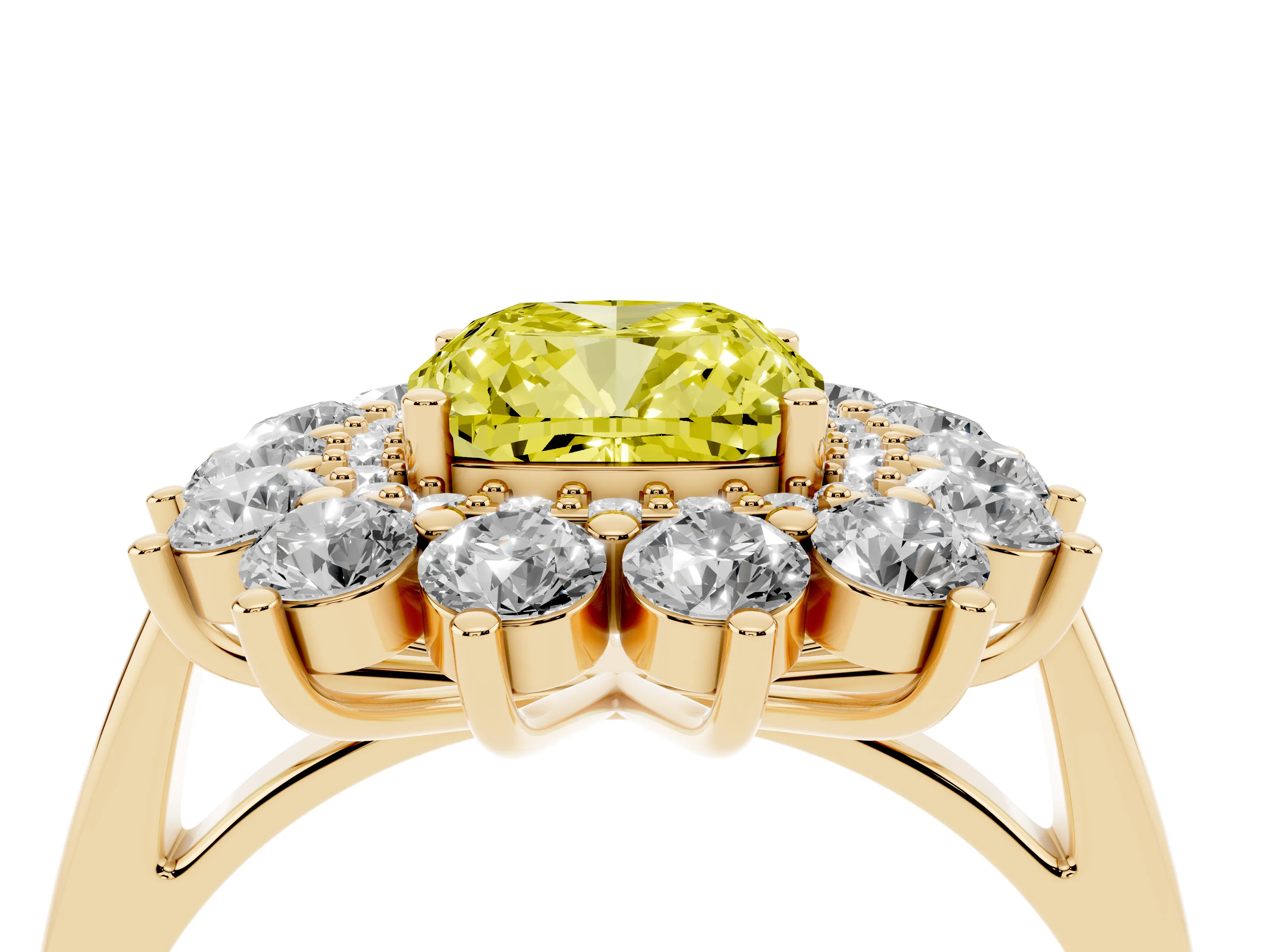 Fancy Yellow Cushion Cut Diamond Floral Double Halo Ring Set in Yellow gold with Round Petals