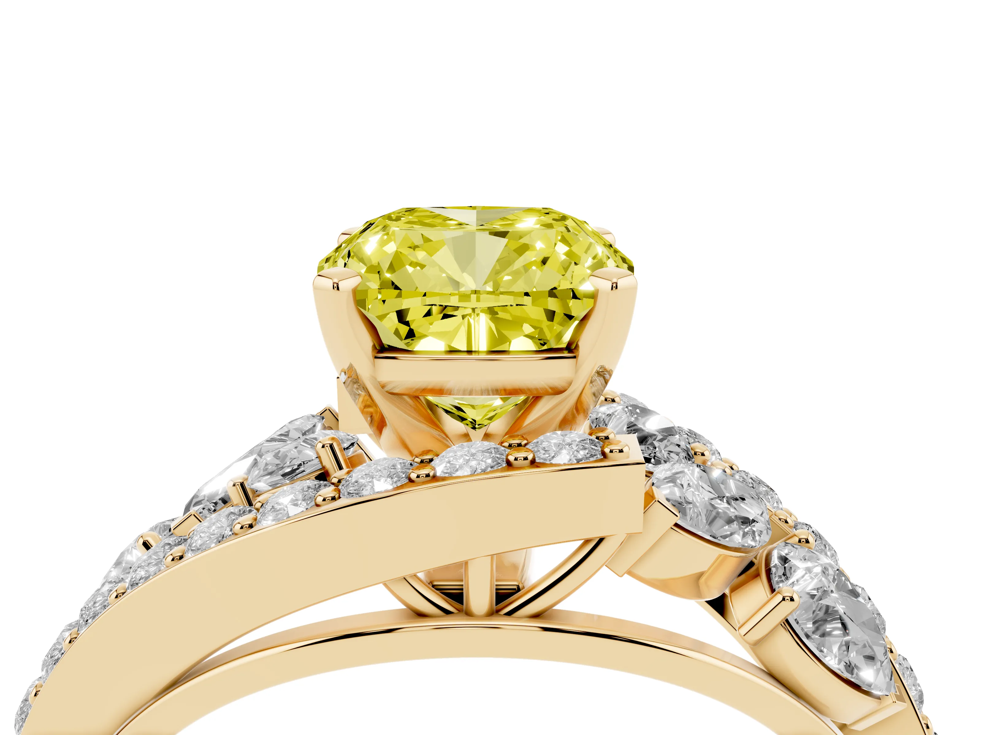 Fancy Yellow Cushion Cut Diamond Halo Ring Set in Yellow gold with Marquise and Pavé Band in Prong Setting