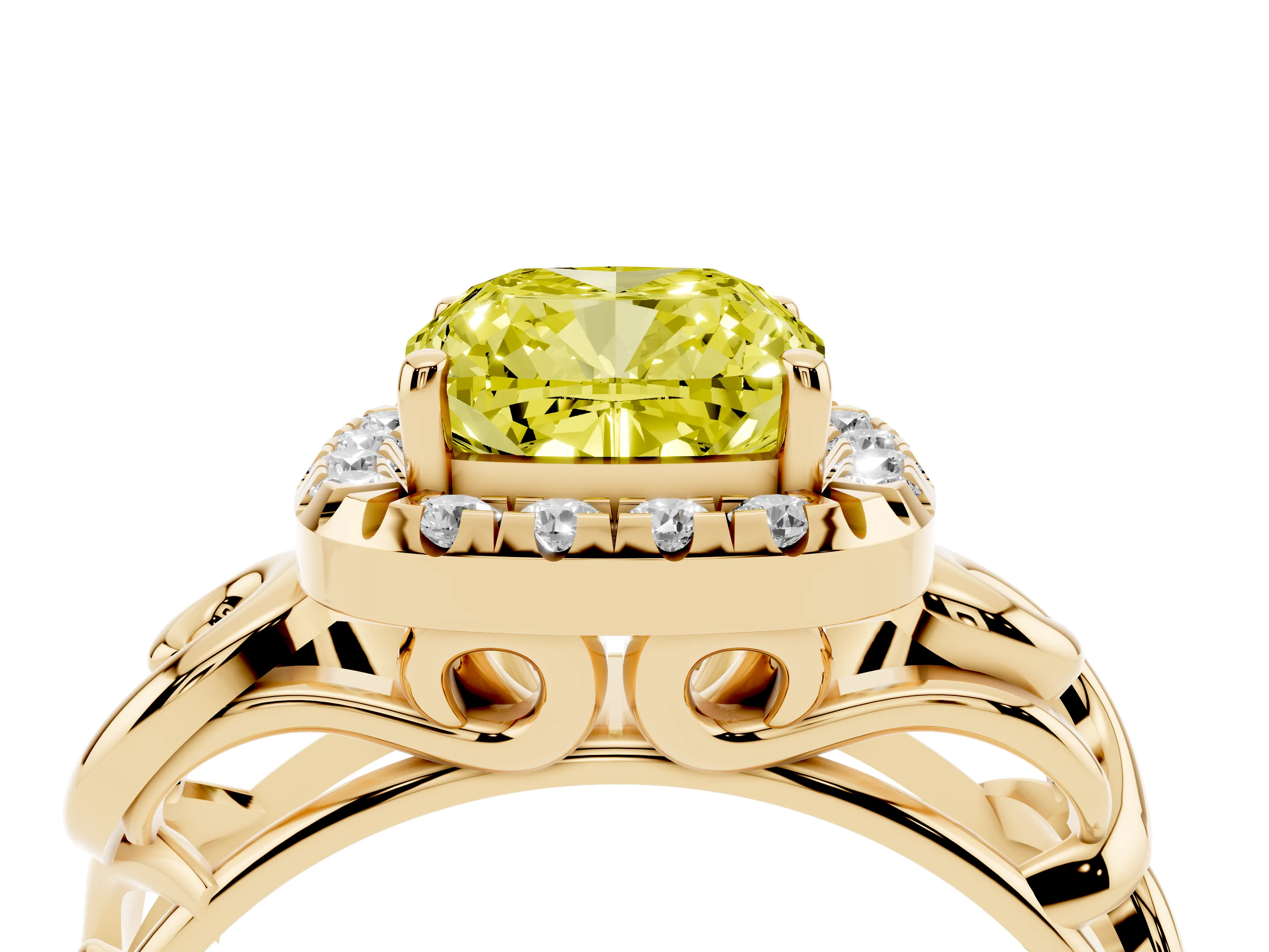 Fancy Yellow Cushion Cut Diamond Halo Ring Set in Yellow gold with Scrollwork Band and Prong Setting