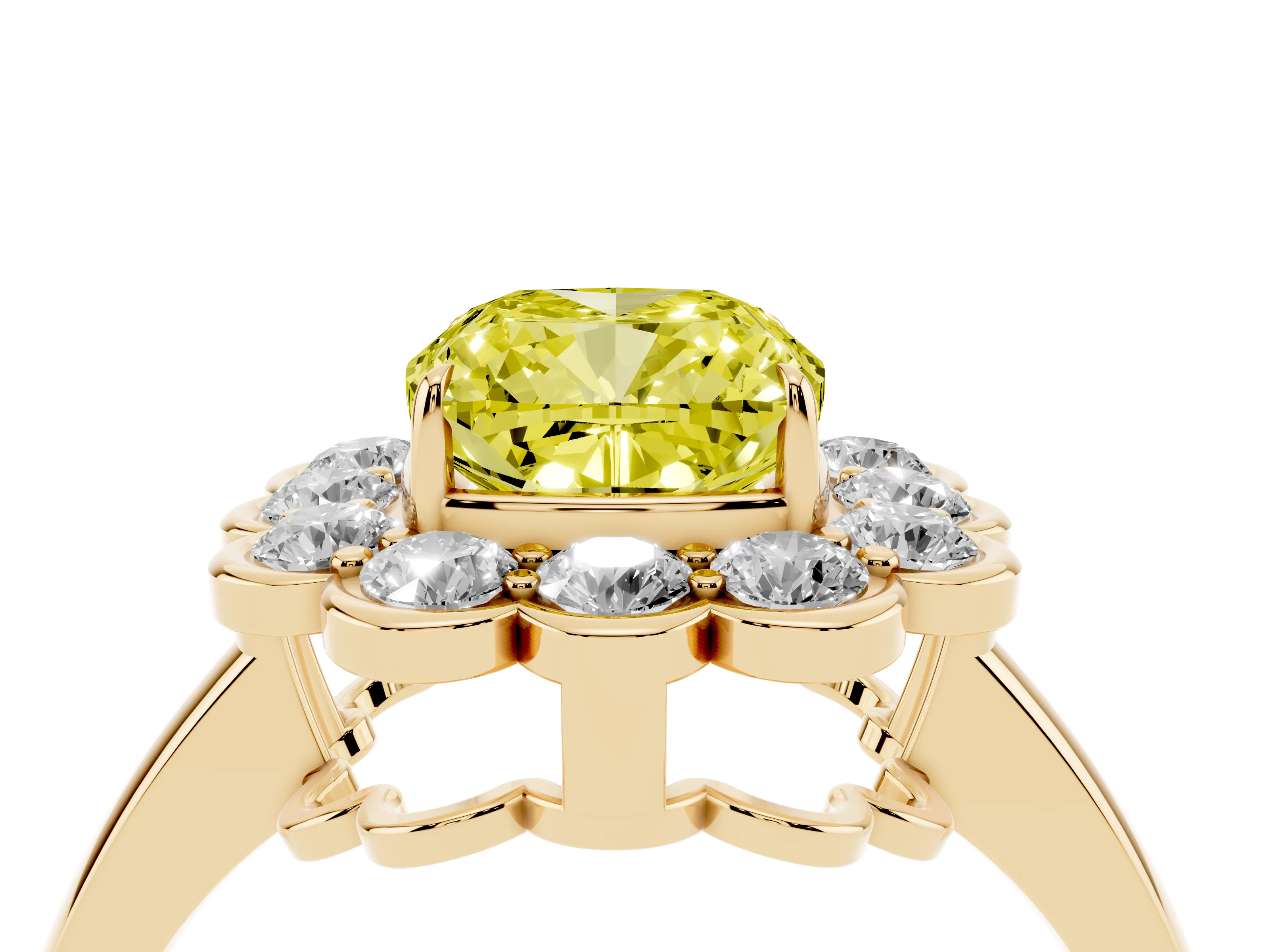 Fancy Yellow Cushion Cut Diamond Halo Cluster Engagement Ring Set in Yellow gold with Solitaire Band and Prong Setting