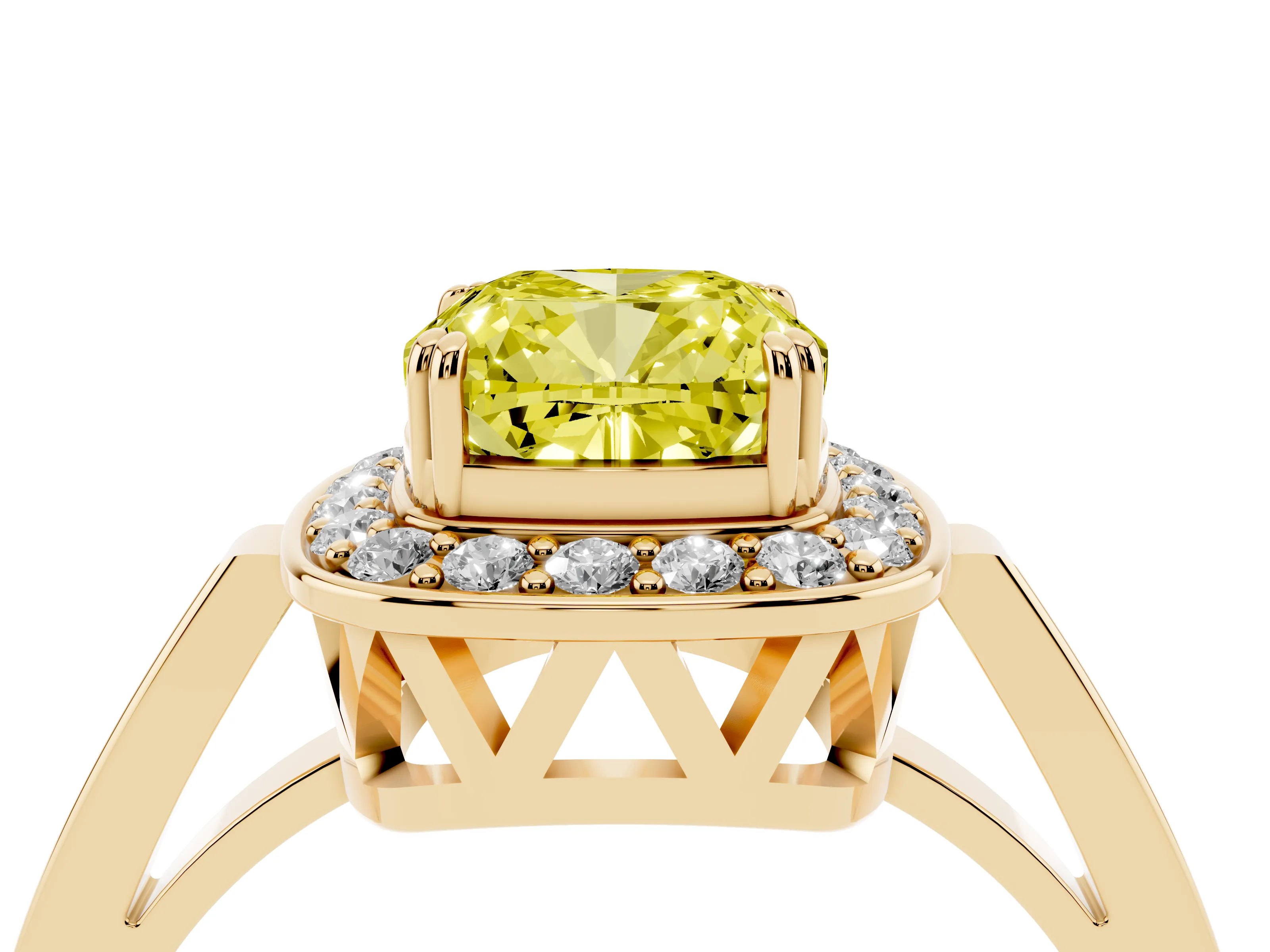Fancy Yellow Cushion Cut Diamond Halo Ring Set in Yellow gold with Accent-Lined Split Shank and Prong Setting