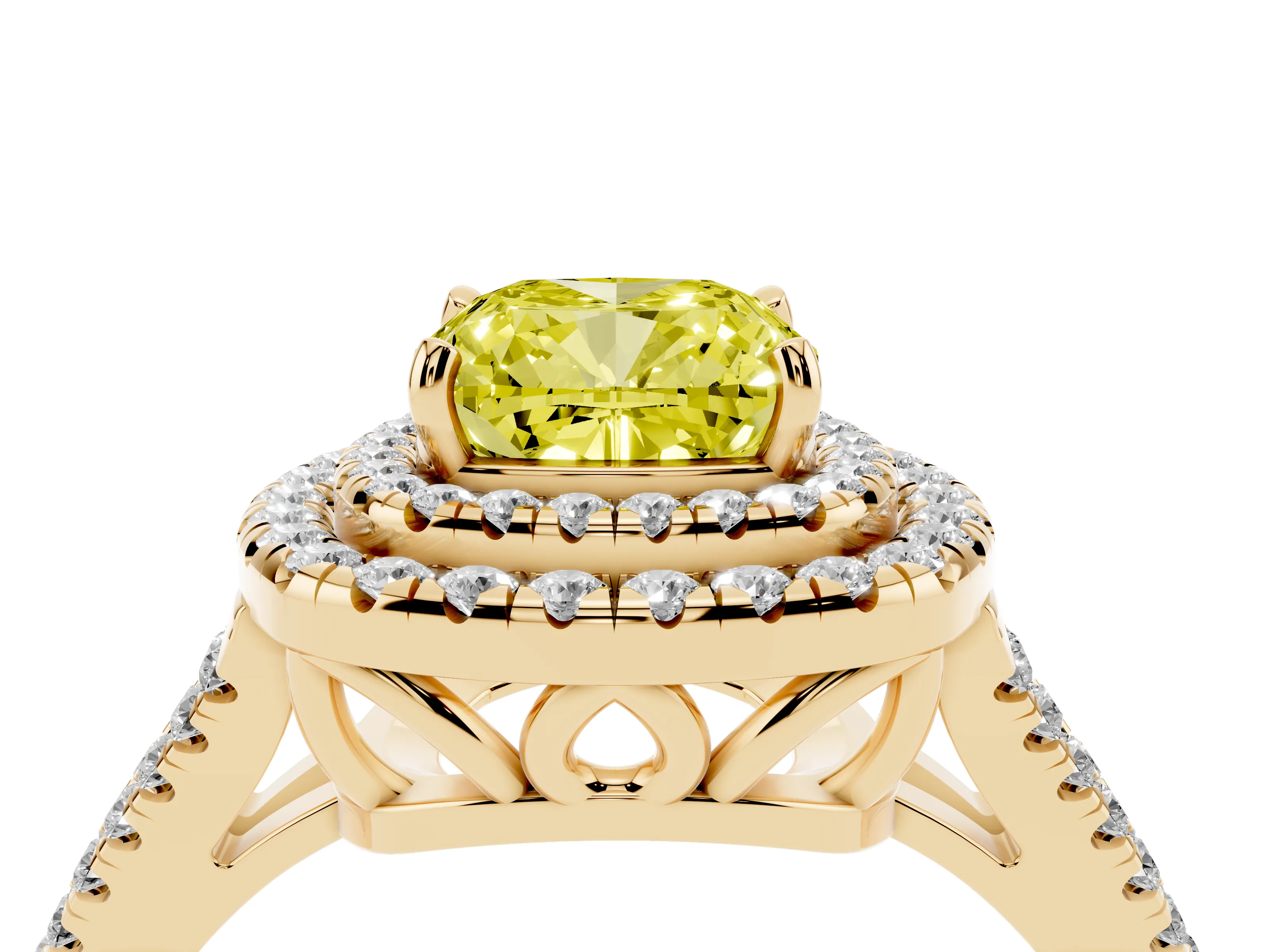 Fancy Yellow Cushion Cut Diamond Double Halo Ring Set in Yellow gold with Pavé Band