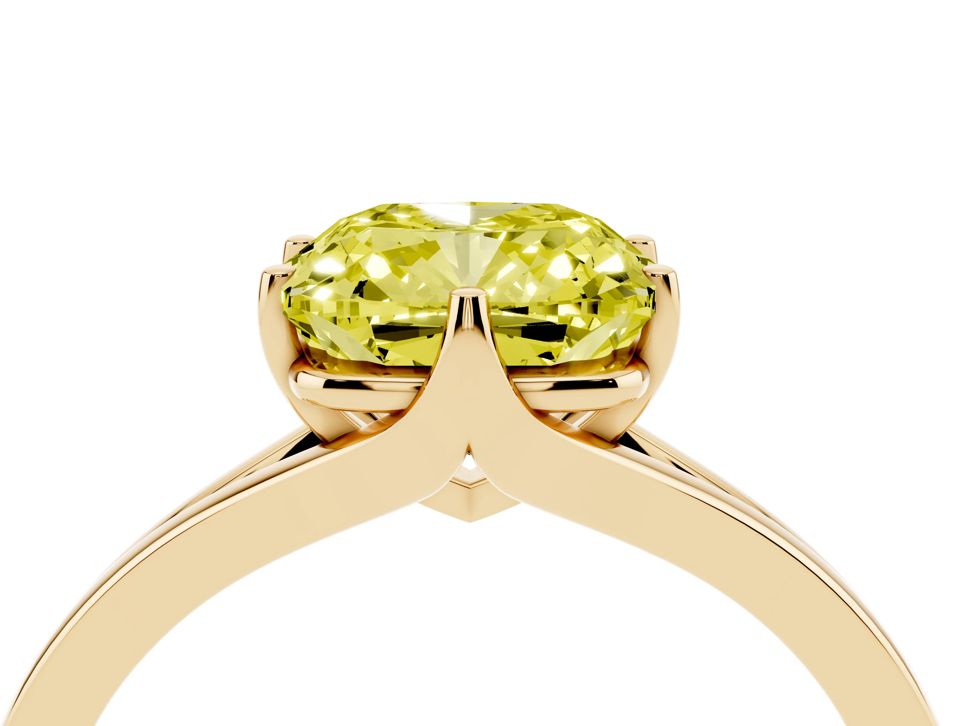 Fancy Yellow Cushion Cut Diamond Solitaire Ring Set in Yellow gold with Polished Tapered Band and Prong Setting
