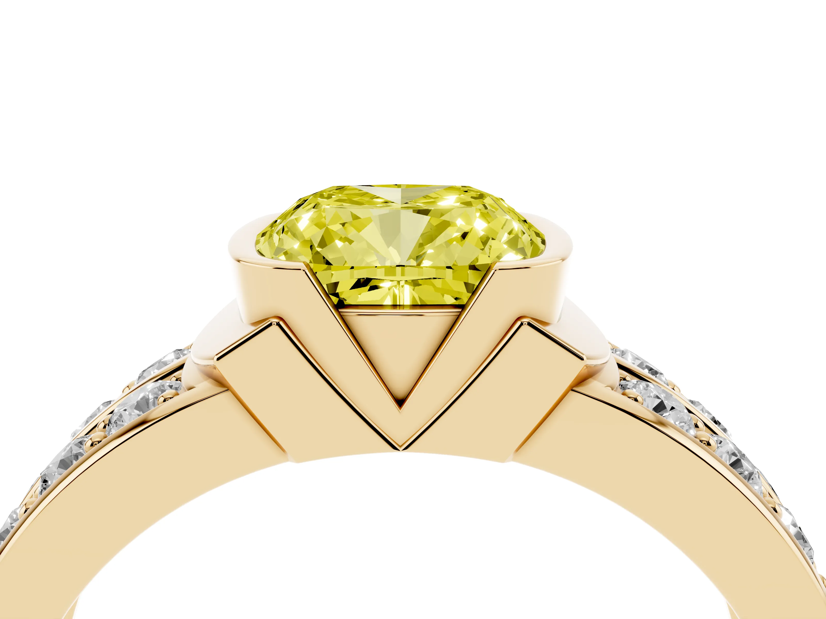 Fancy Yellow Cushion Cut Diamond Wide Channel Set Band Ring Set in Yellow gold with Bezel Setting