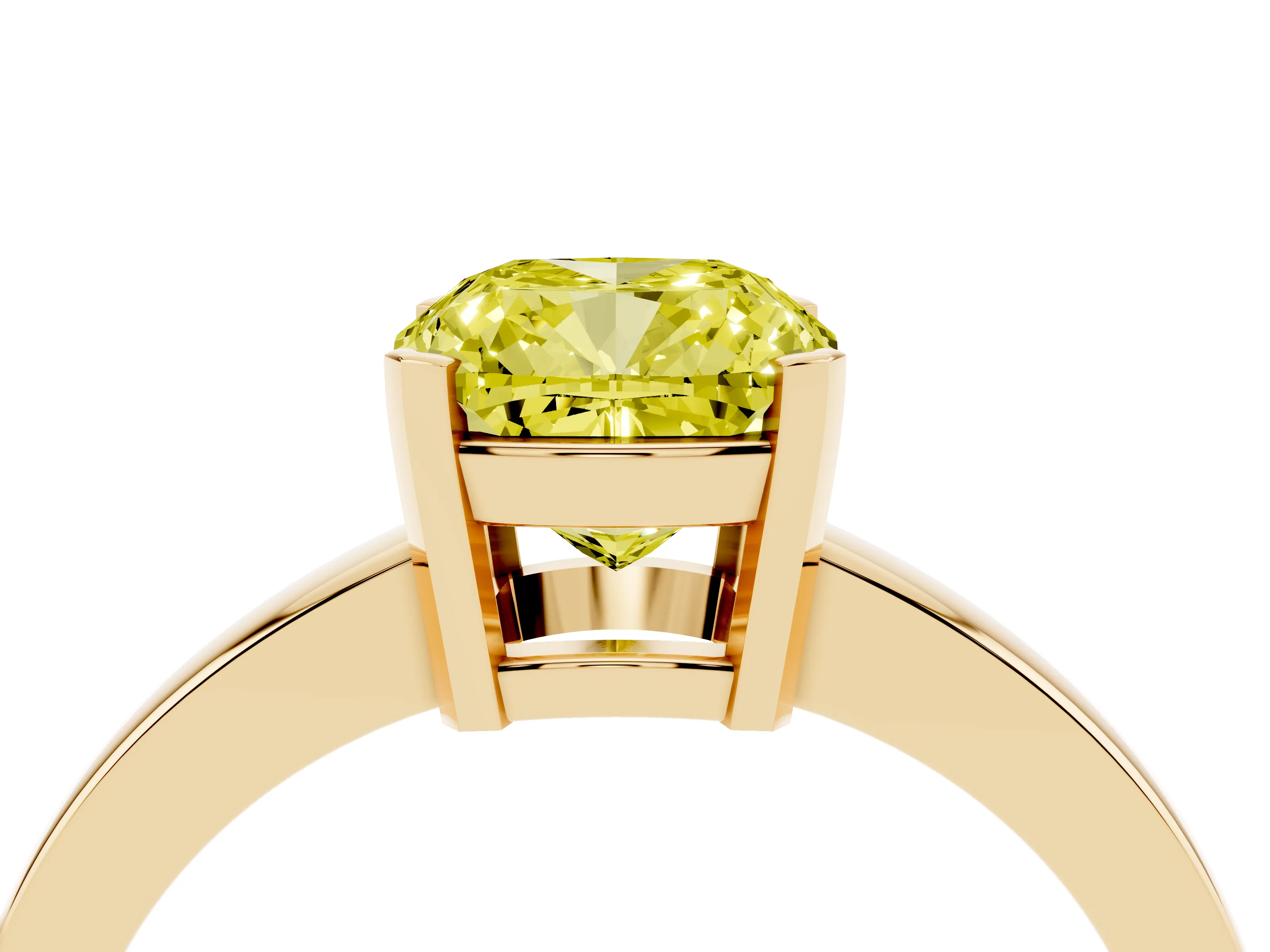 Fancy Yellow Cushion Cut Diamond Solitaire Ring Set in Yellow gold with Prong Head and Smooth Polished Band