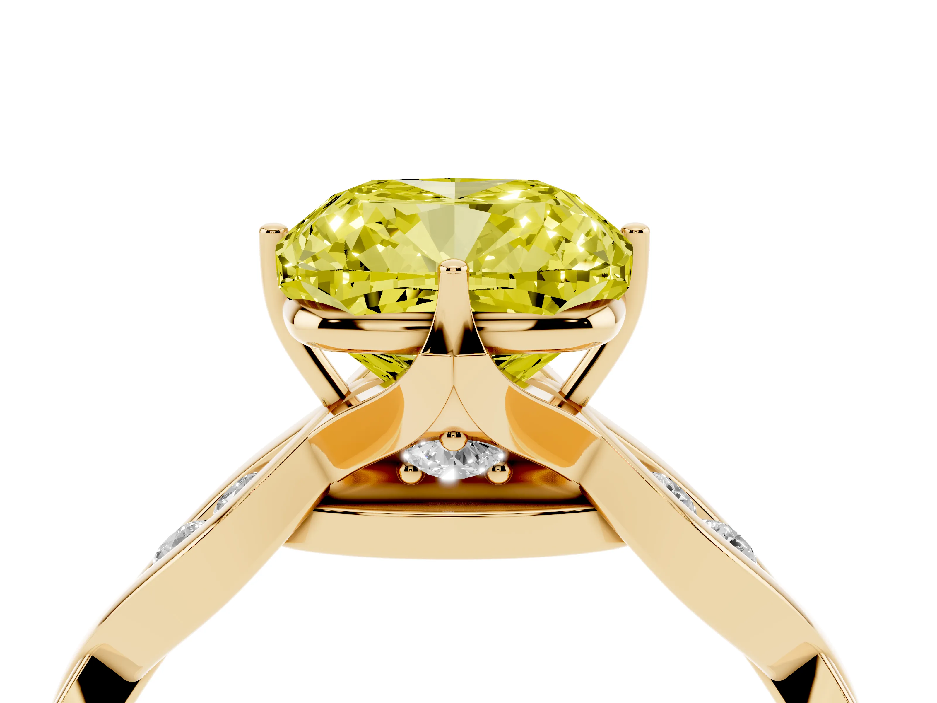 Fancy Yellow Cushion Cut Diamond Twist Band Solitaire Ring Set in Yellow gold with Leaf Prong Setting and Accent Stones