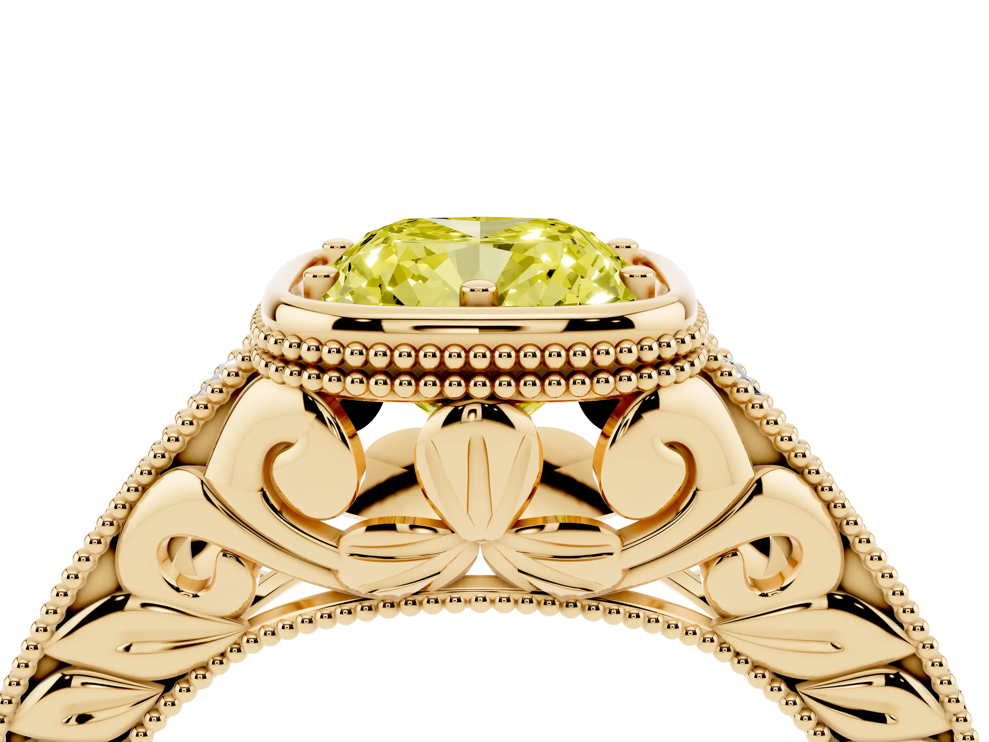 Fancy Yellow Bezel Set Cushion Cut Diamond Milgrain Pavé Engagement Ring Set in Yellow gold
