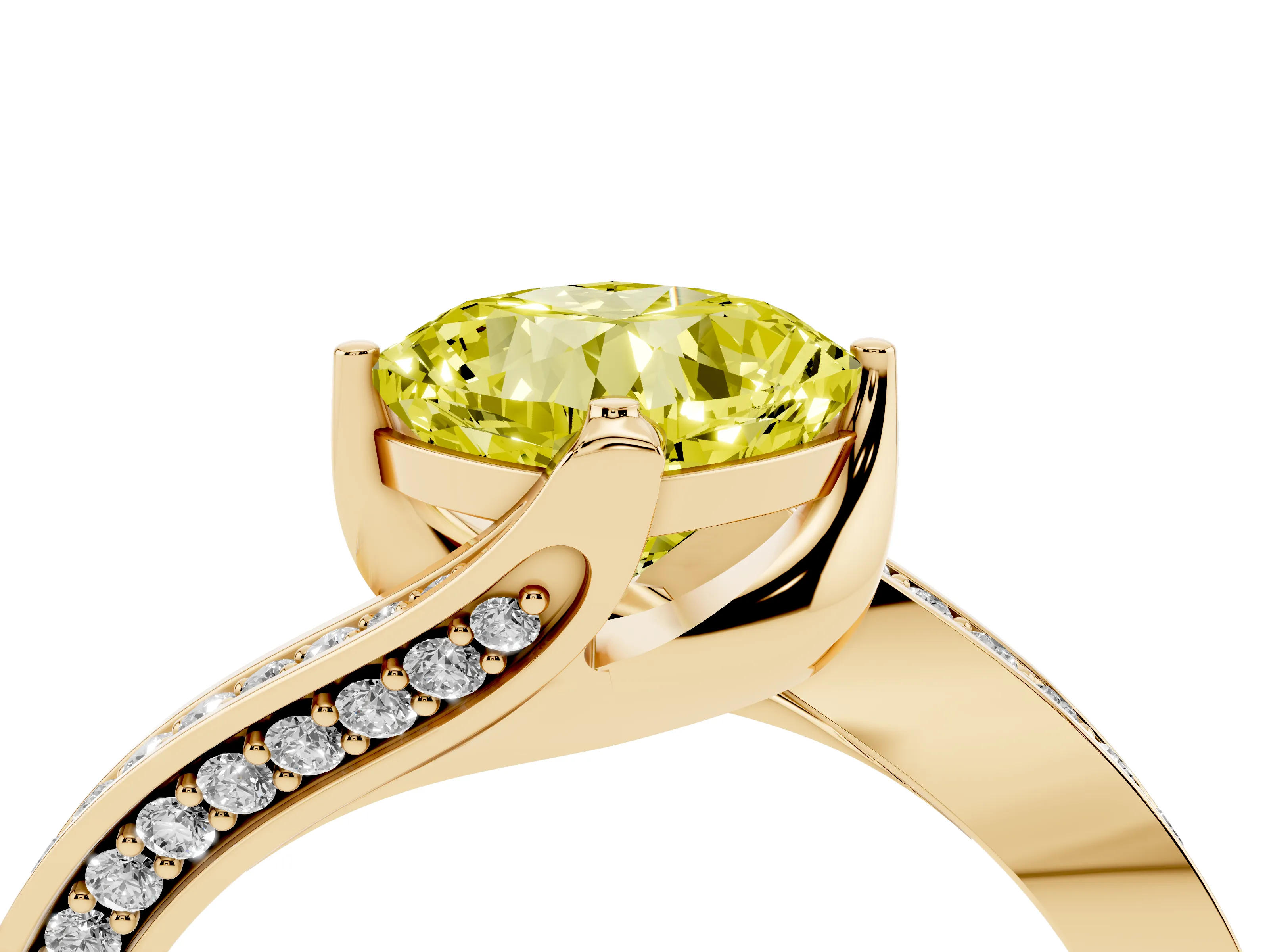 Fancy Yellow Cushion Cut Diamond Solitaire Ring Set in Yellow gold with Intertwined Pavé Twist Band