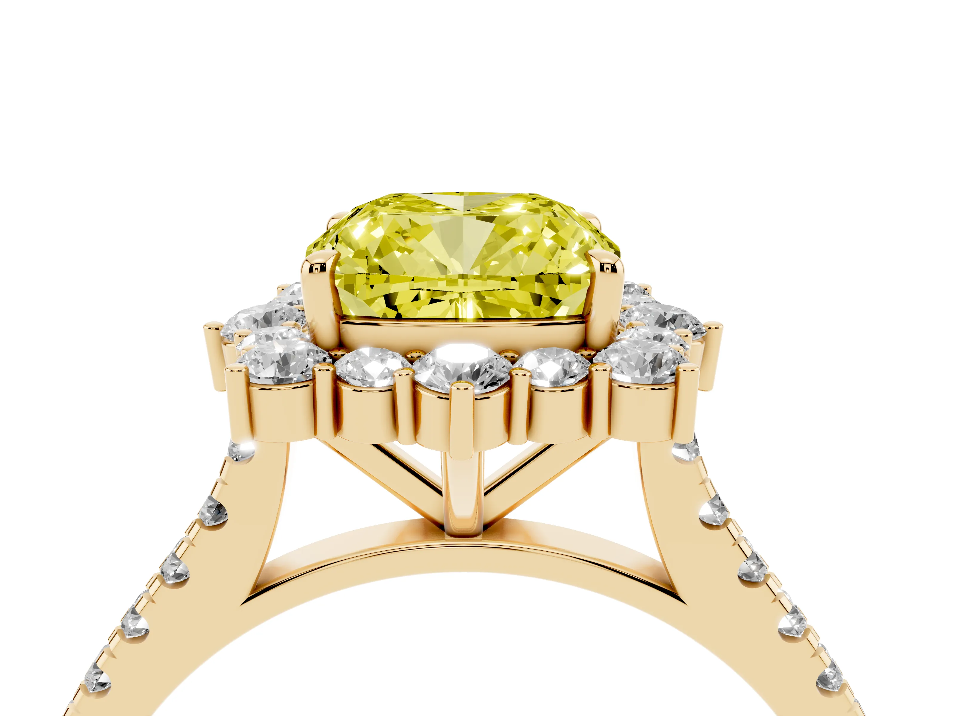Fancy Yellow Cushion Cut Diamond Halo Ring Set in Yellow gold with Pavé Band and Prong Setting