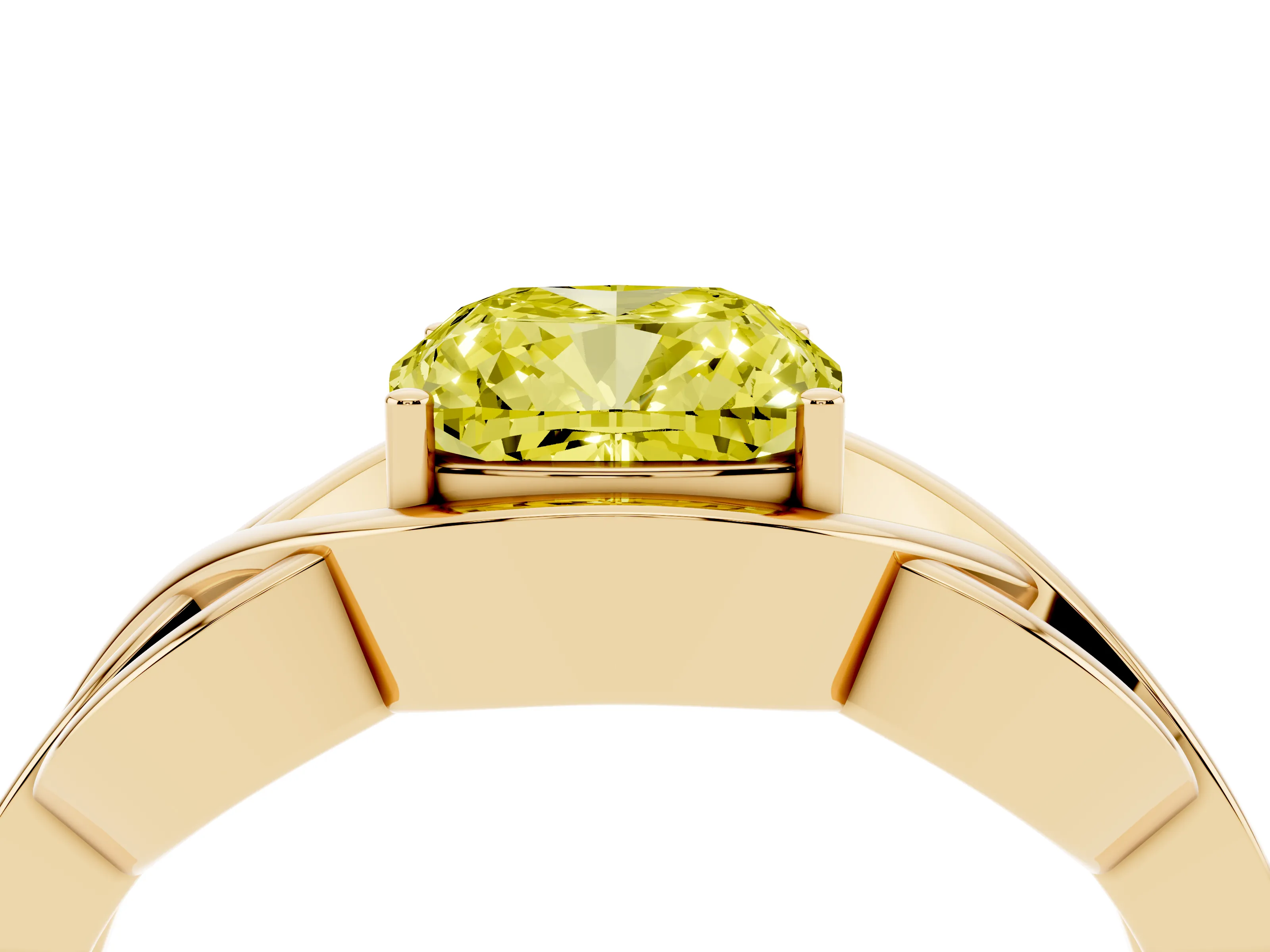 Fancy Yellow Cushion Cut Diamond Solitaire Ring Set in Yellow gold with Intertwined Band