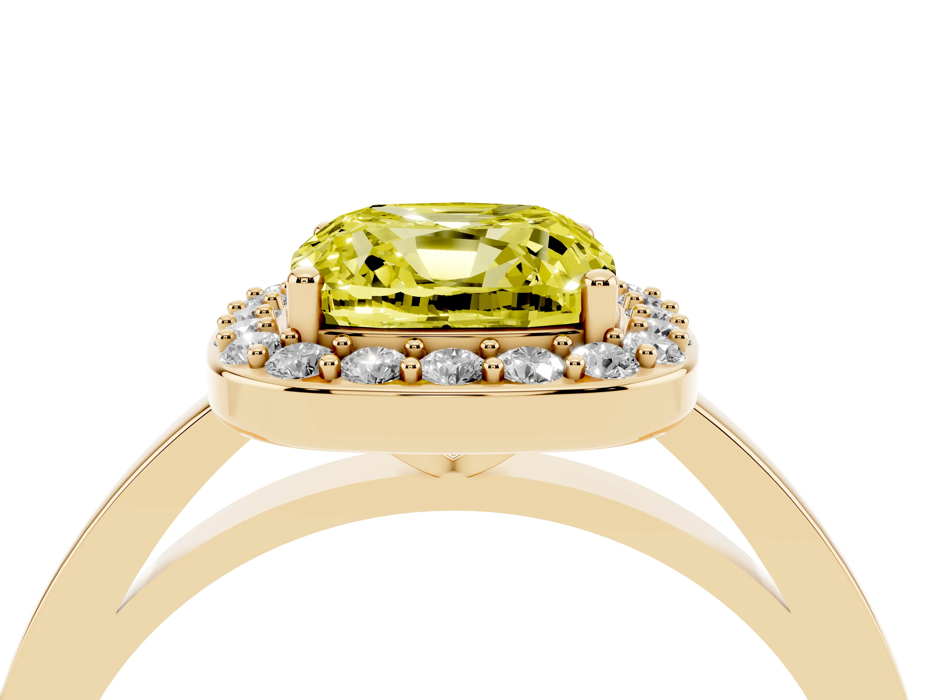 Fancy Yellow Cushion Cut Diamond Halo Ring Set in Yellow gold with Solitaire Band and Prong Setting