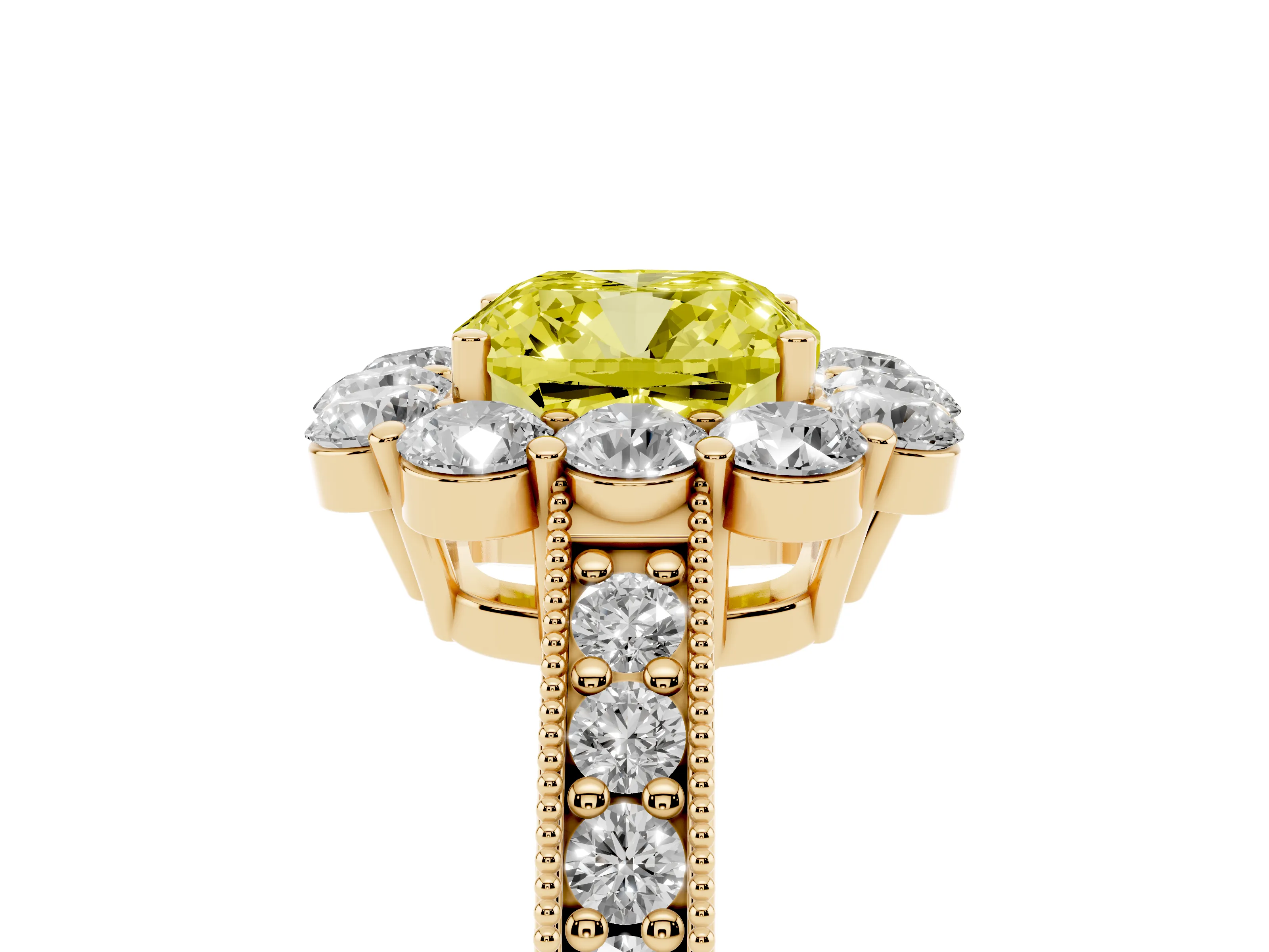 Fancy Yellow Cushion Cut Diamond Halo Pavé Engagement Ring Set in Yellow gold with Milgrain Detailing