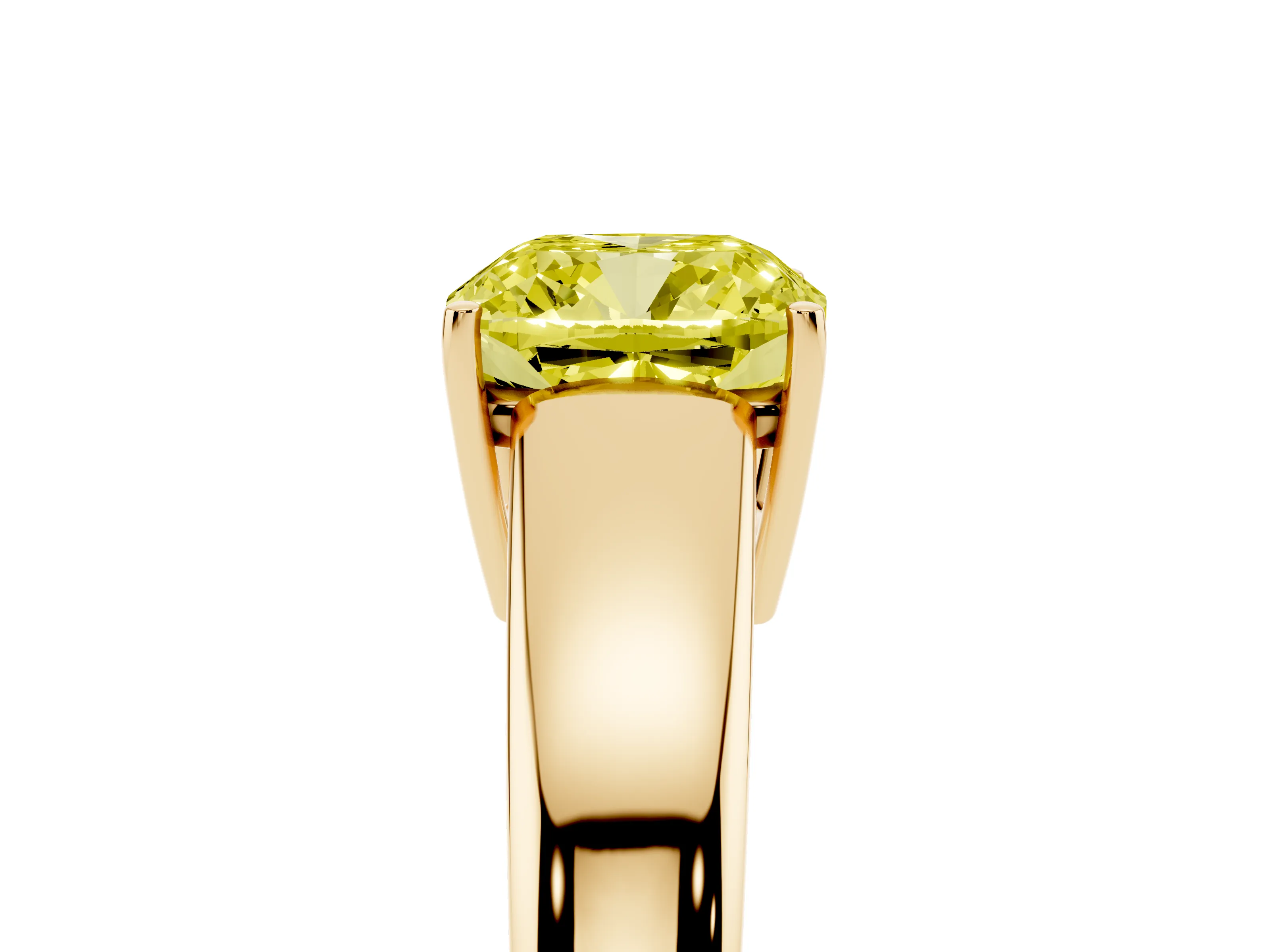 Fancy Yellow Cushion Cut Diamond Solitaire Ring Set in Yellow gold with Tapered Band and Prong Setting