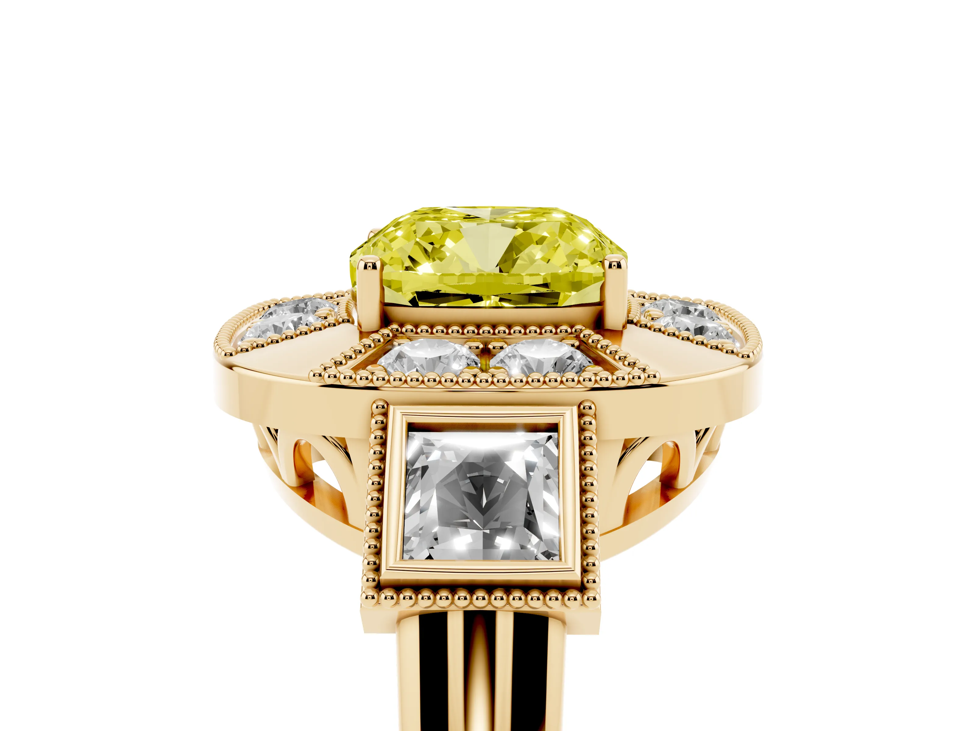 Fancy Yellow Cushion Cut Diamond Milgrain Halo Ring Set in Yellow gold with Split Shank