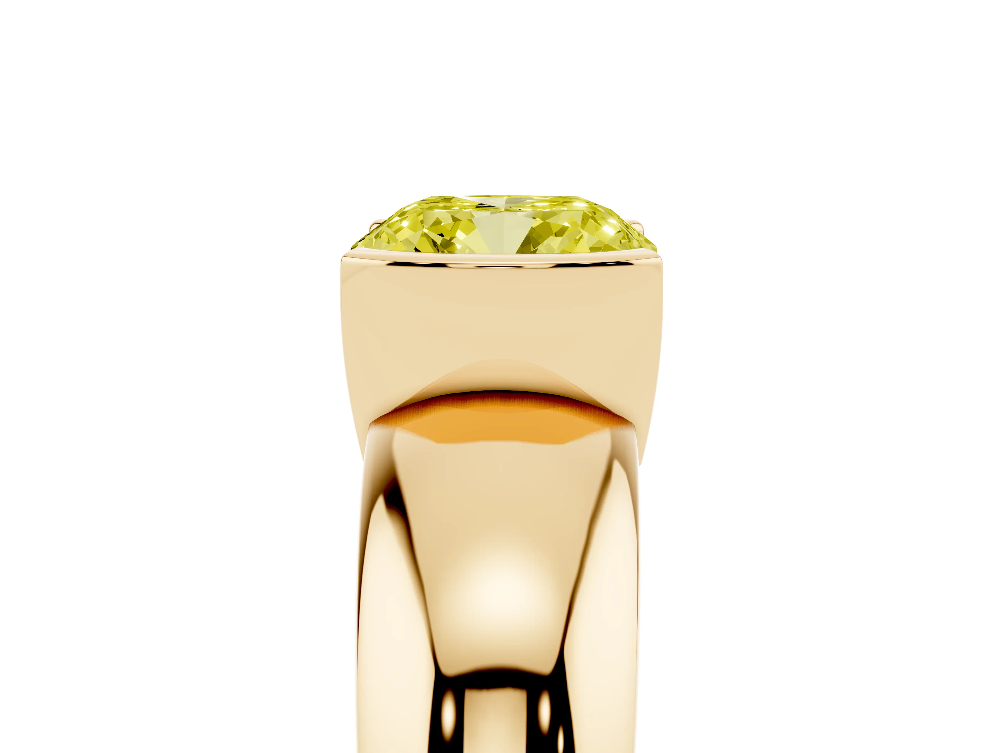 Fancy Yellow Cushion Cut Diamond Solitaire Tension Set Ring Set in Yellow gold with Wide Band