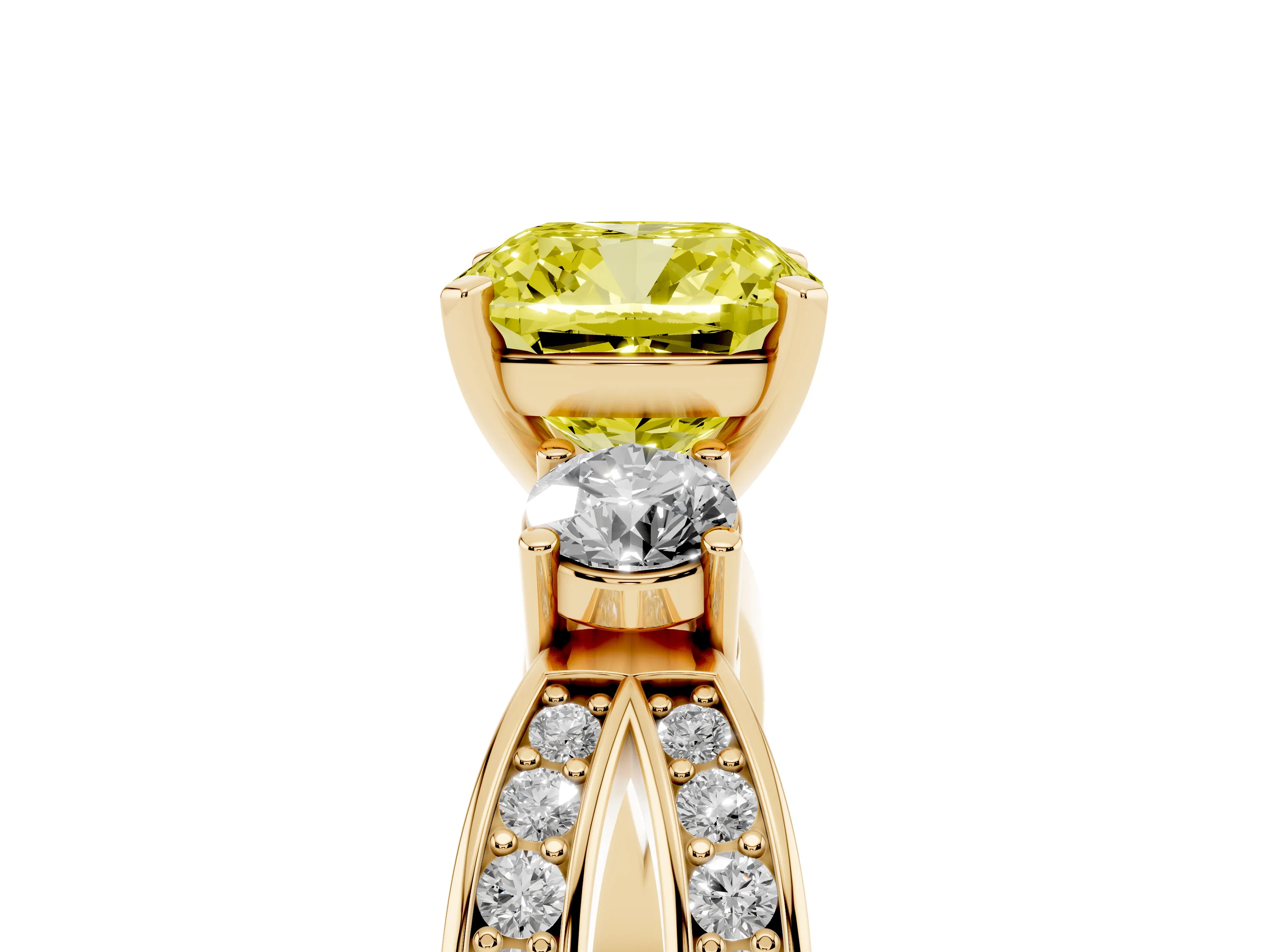 Fancy Yellow Three-Stone Cushion Cut Diamond Twist Band Ring Set in Yellow gold with Pavé Accents and Prong Setting