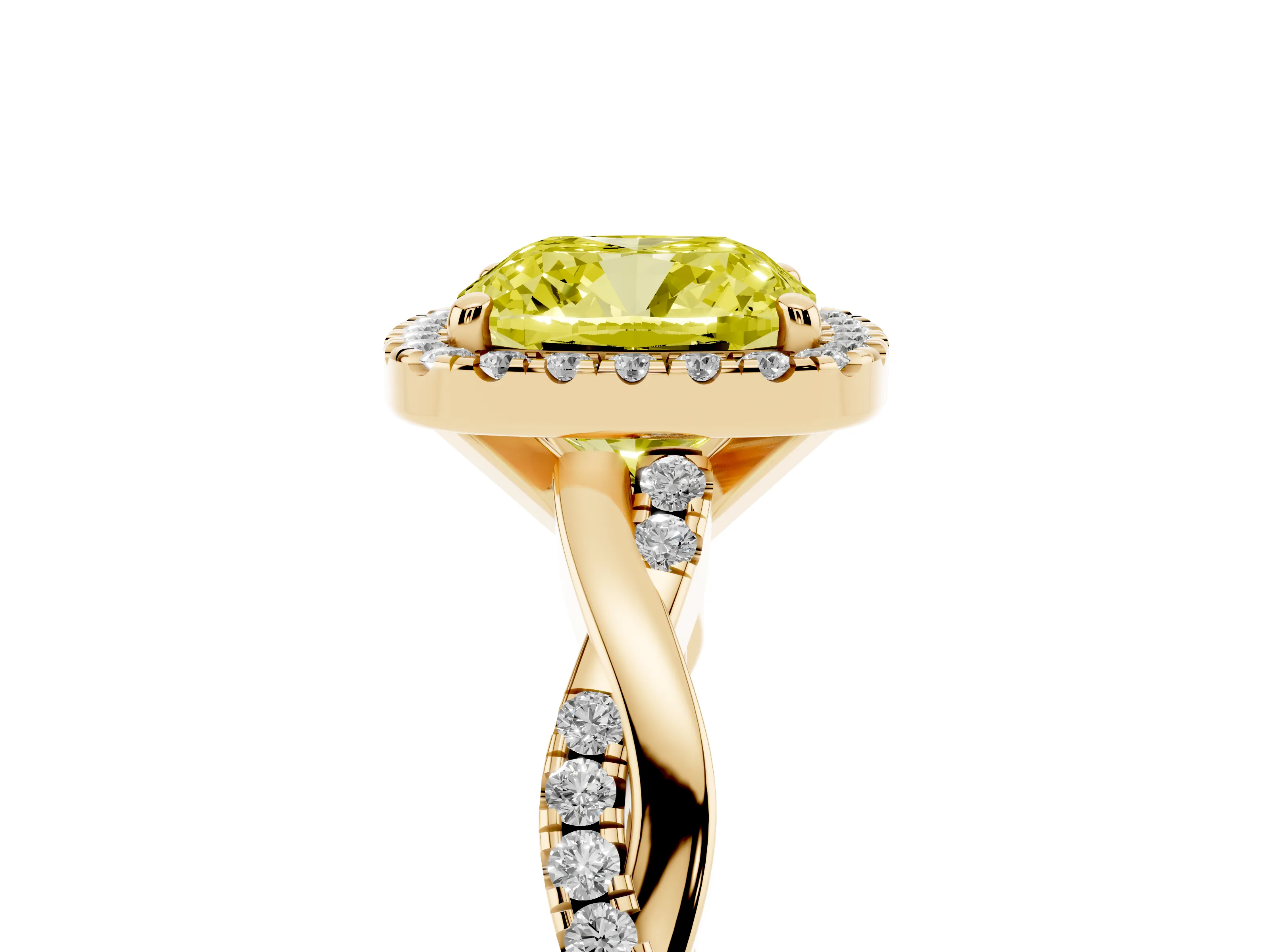 Fancy Yellow Cushion Cut Diamond Halo Twisted Band Ring Set in Yellow gold with Prong Setting