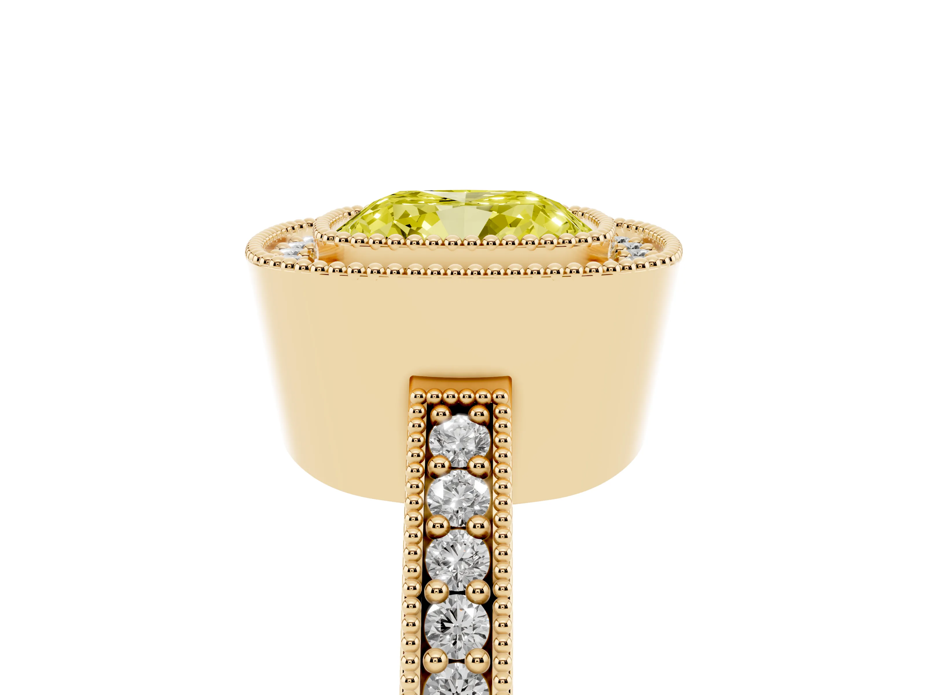 Fancy Yellow Cushion Cut Diamond Halo Engagement Ring Set in Yellow gold with Pavé Band and Round Halo Stones
