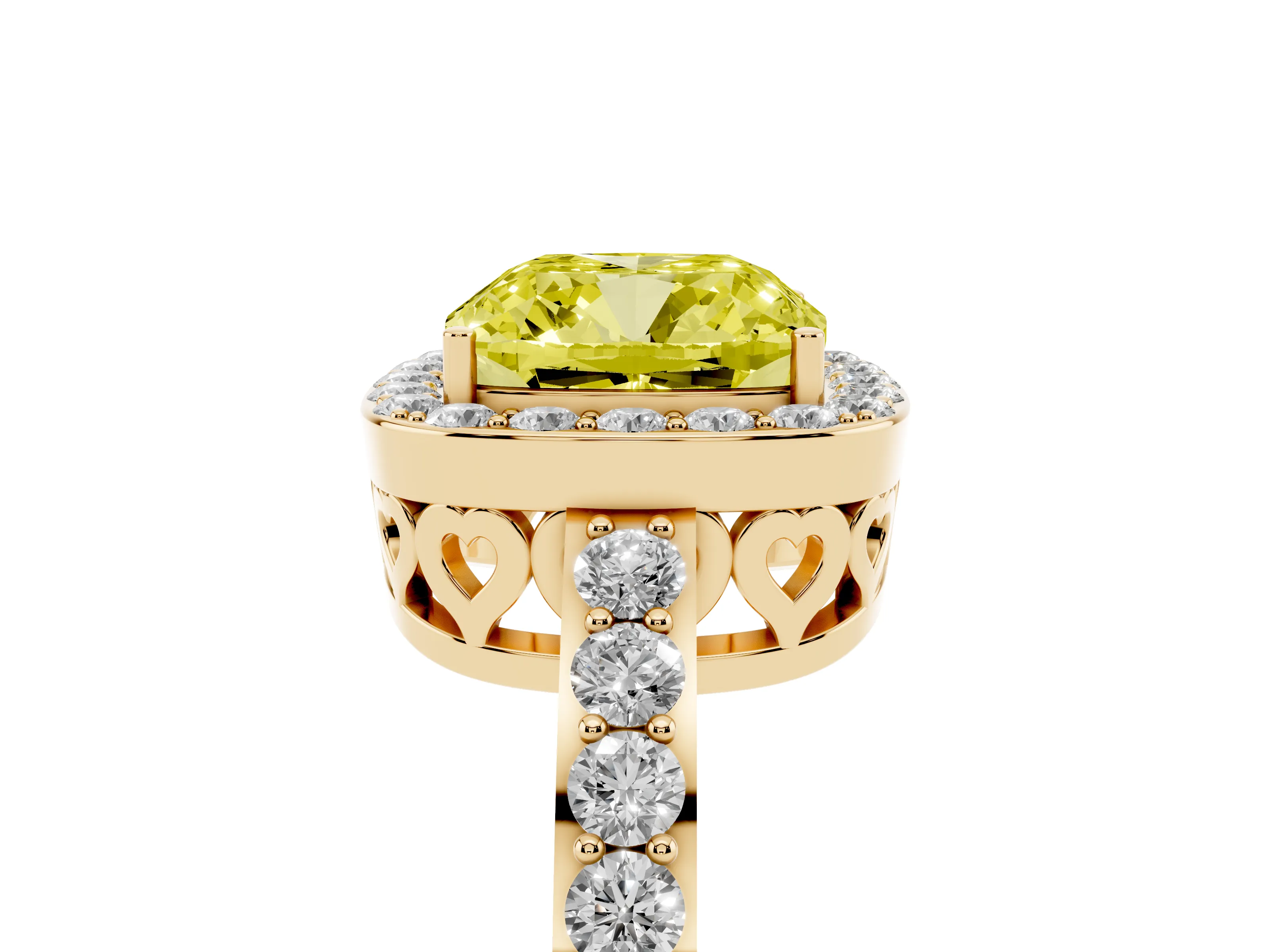 Fancy Yellow Cushion Cut Diamond Halo Ring Set in Yellow gold with Pavé-Setting Band and Open Prong Center