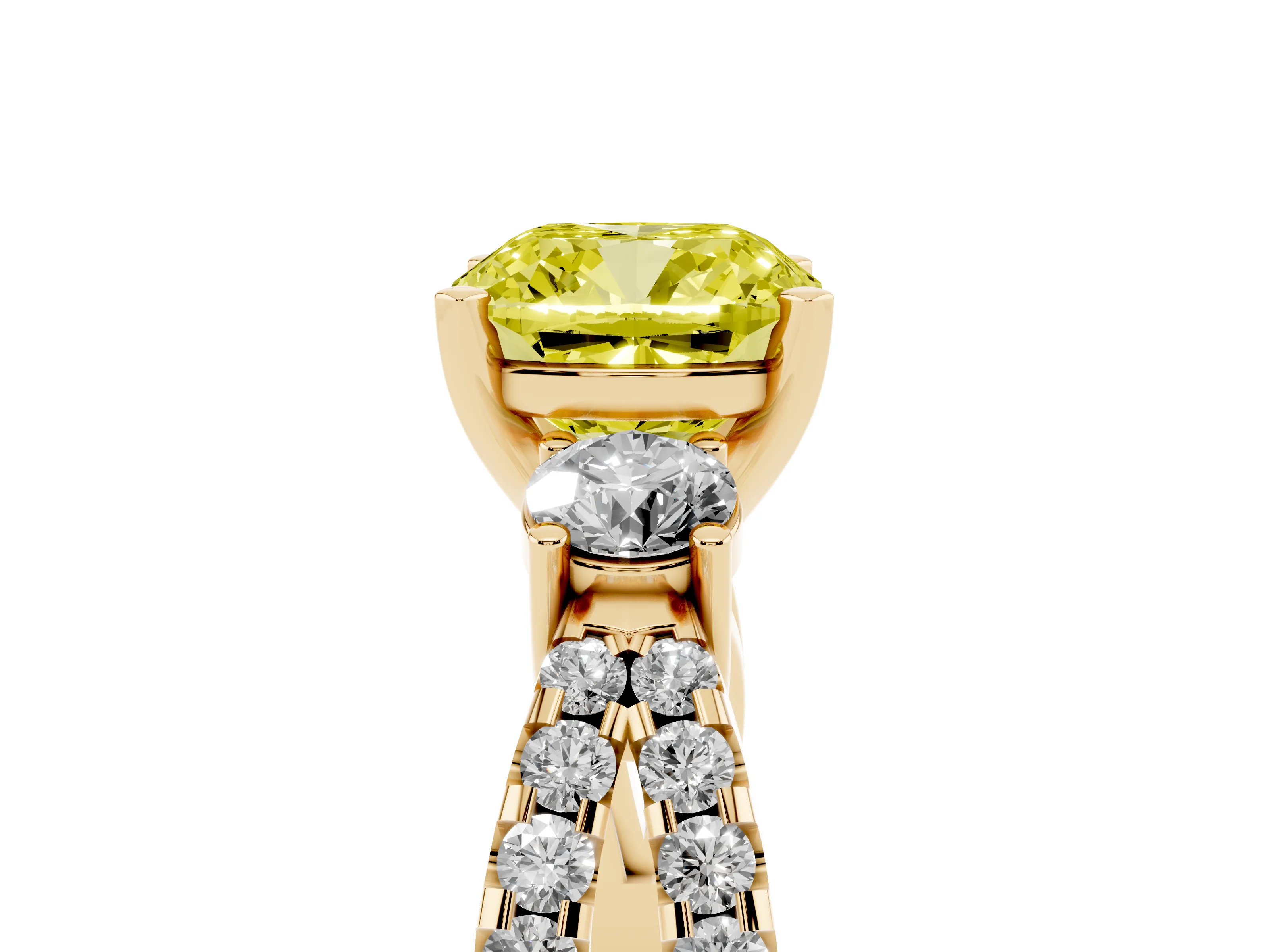 Fancy Yellow Cushion Cut Diamond Three-Stone Ring Set in Yellow gold with Pavé Split Shank and Prong Setting