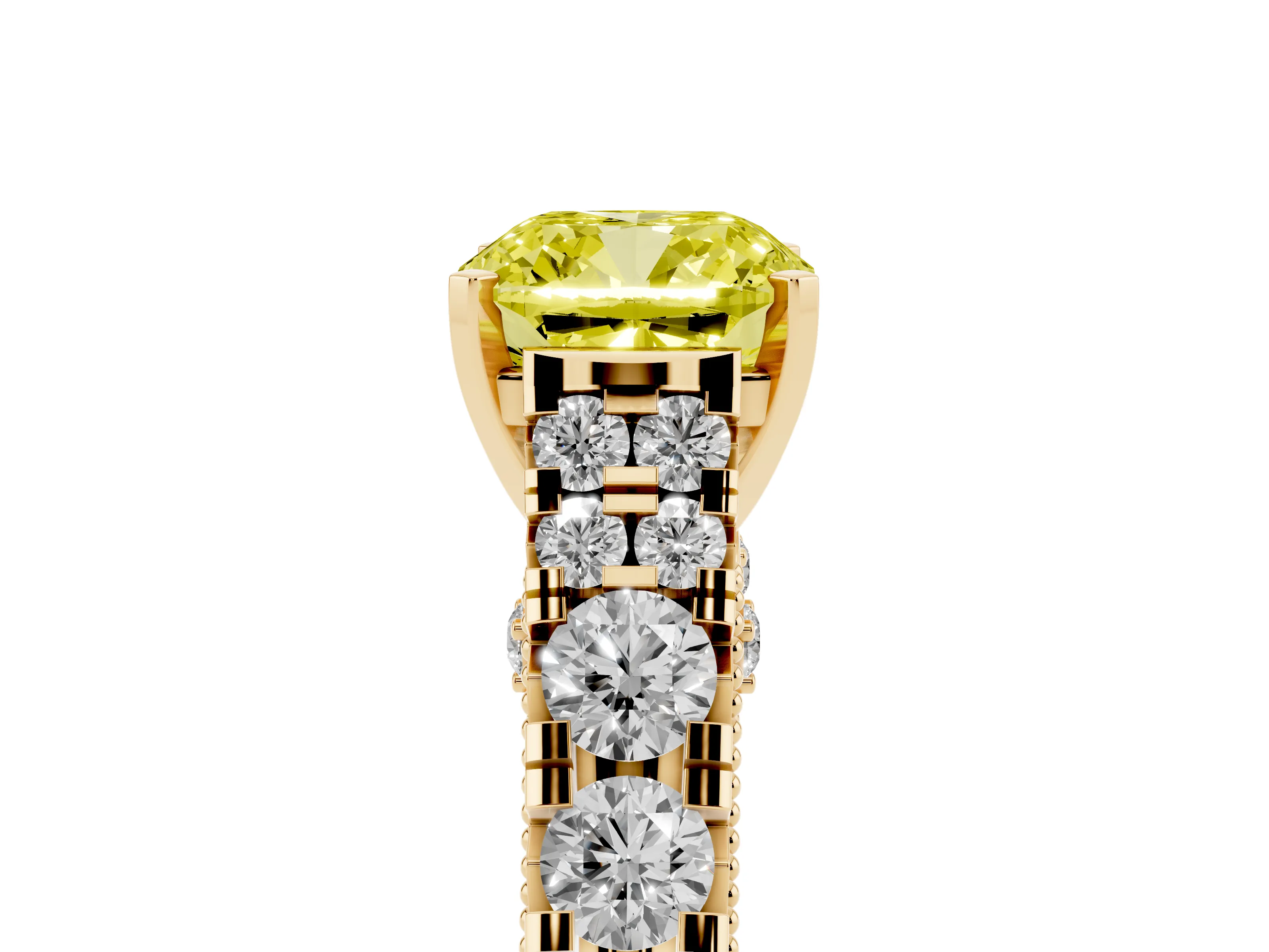Fancy Yellow Cushion Cut Diamond Classic Solitaire Ring Set in Yellow gold with Pavé Band and Prong Setting