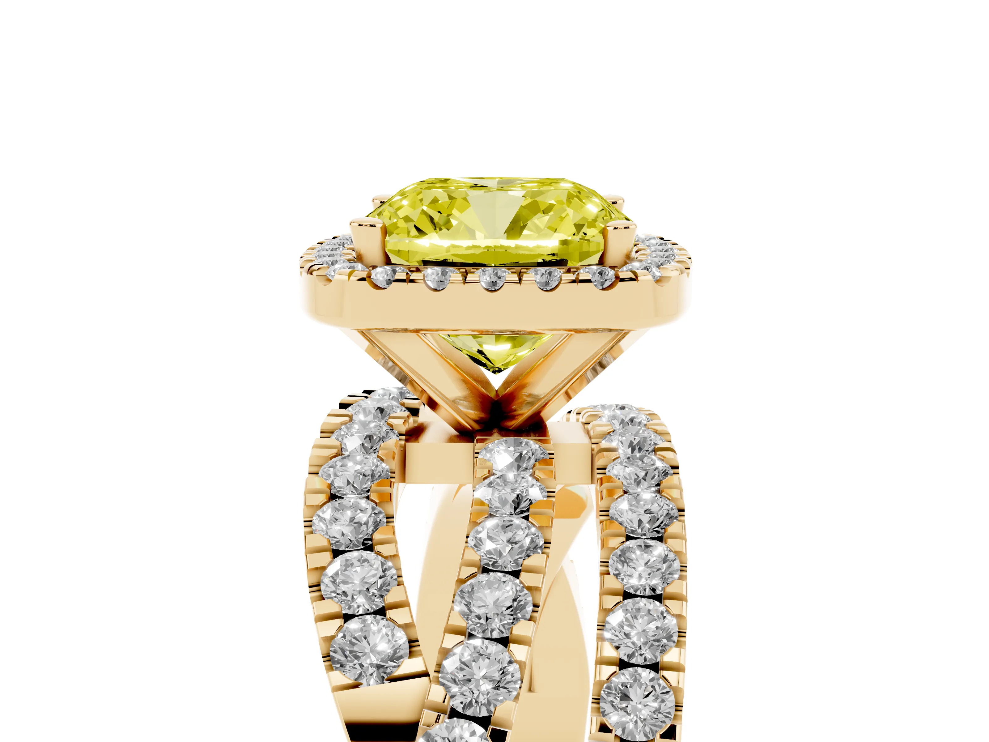 Fancy Yellow Cushion Cut Diamond Halo Ring Set in Yellow gold with Round Crossover Split Shank and Prong Setting