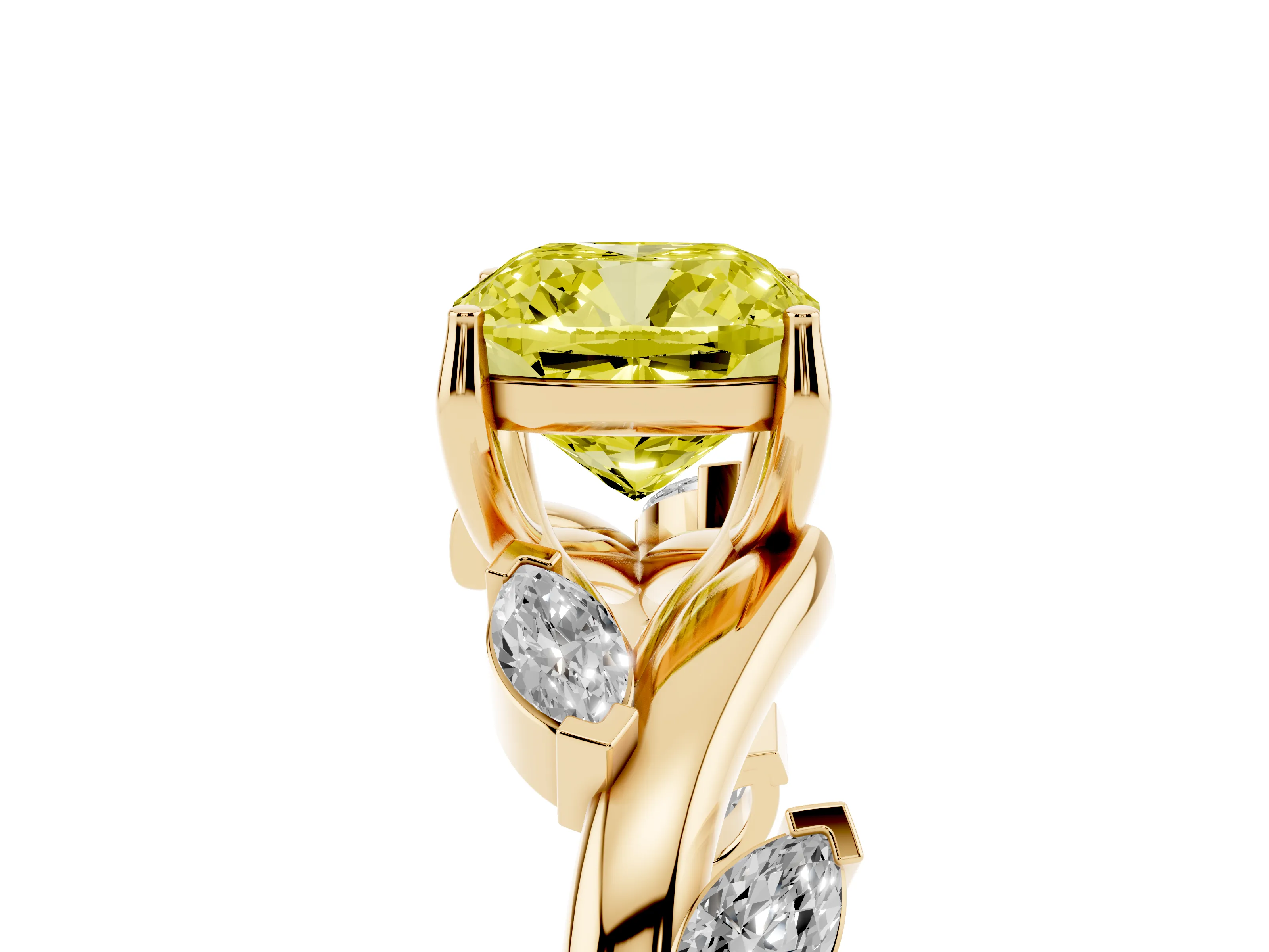 Fancy Yellow Cushion Cut Diamond Solitaire Ring Set in Yellow gold with Twisted Marquise Accent Band