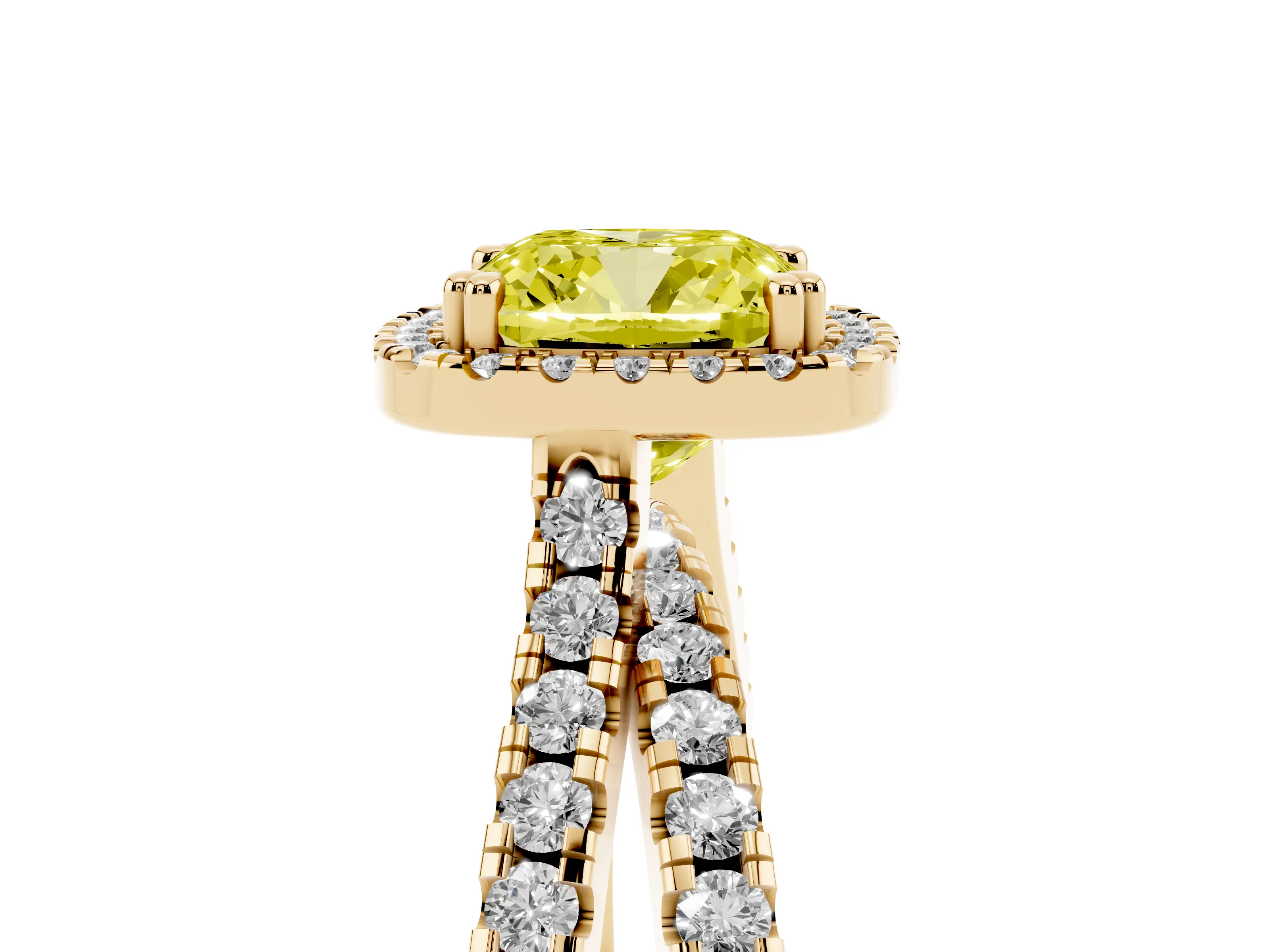 Fancy Yellow Cushion Cut Diamond Halo Split Shank Ring Set in Yellow gold with Pavé Setting