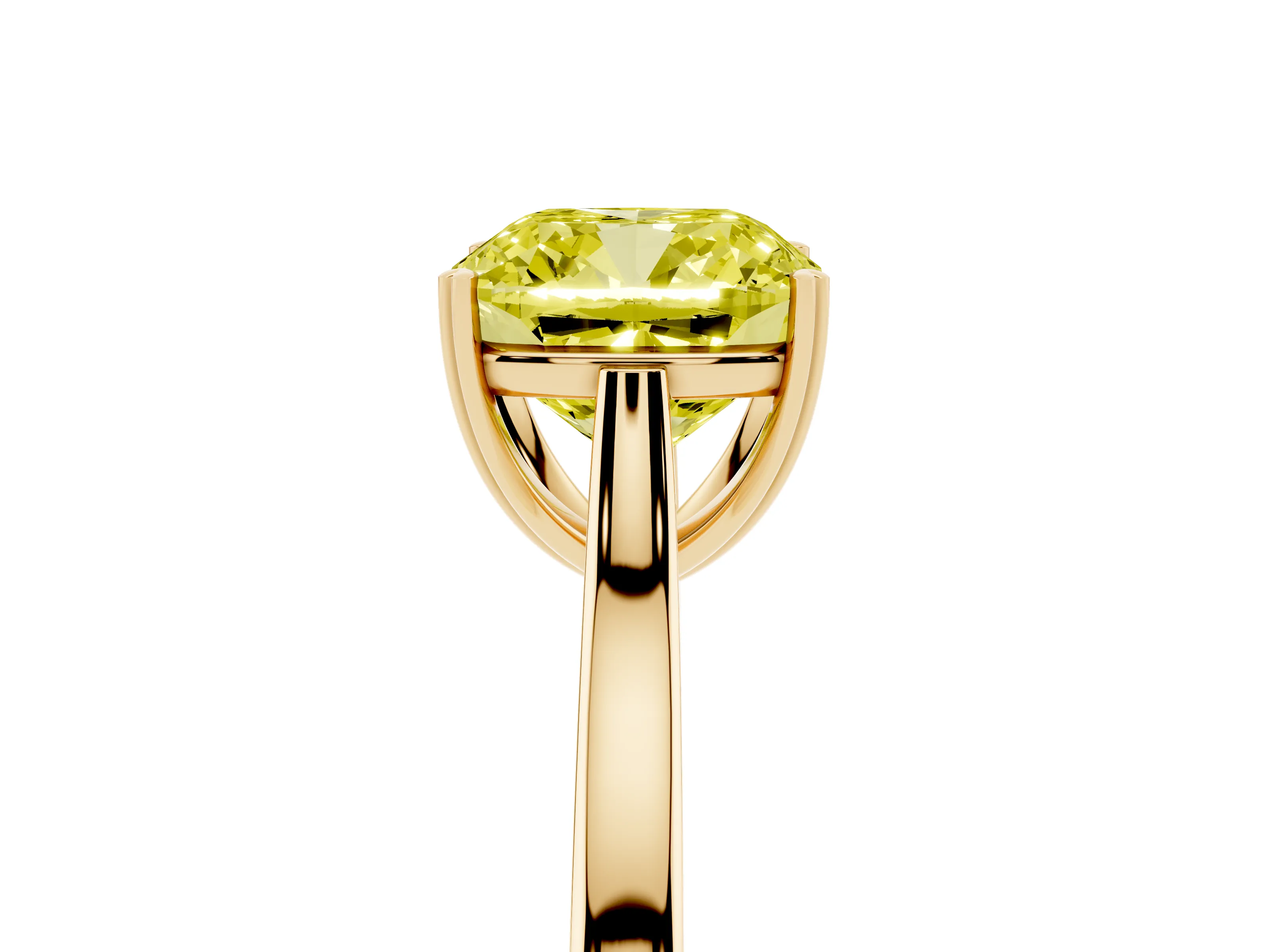 Fancy Yellow Cushion Cut Diamond Solitaire Heart Prong Engagement Ring Set in Yellow gold with Tapered Band