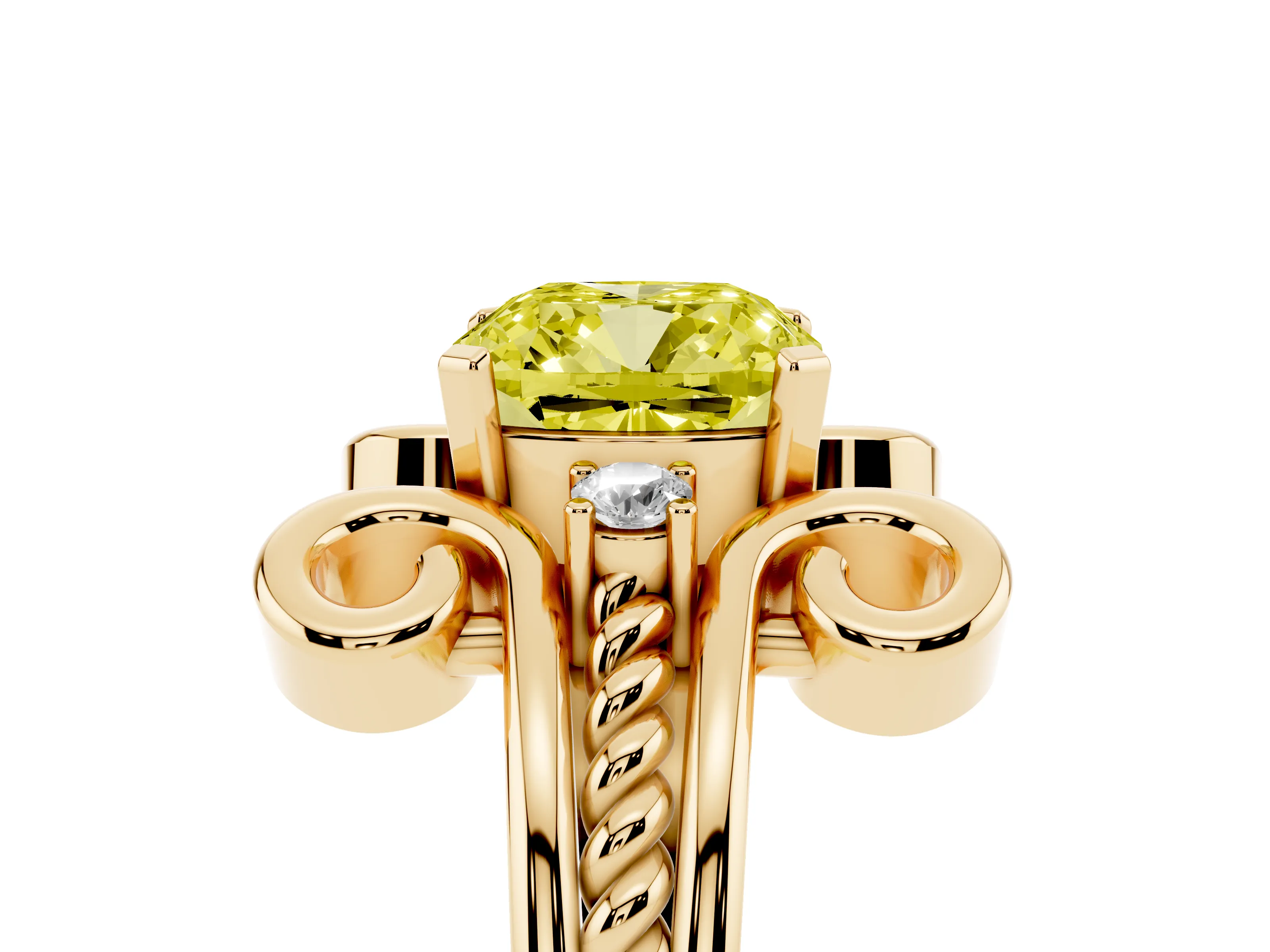 Fancy Yellow Cushion Cut Diamond Twisted Band Solitaire Ring Set in Yellow gold with Scroll Prongs