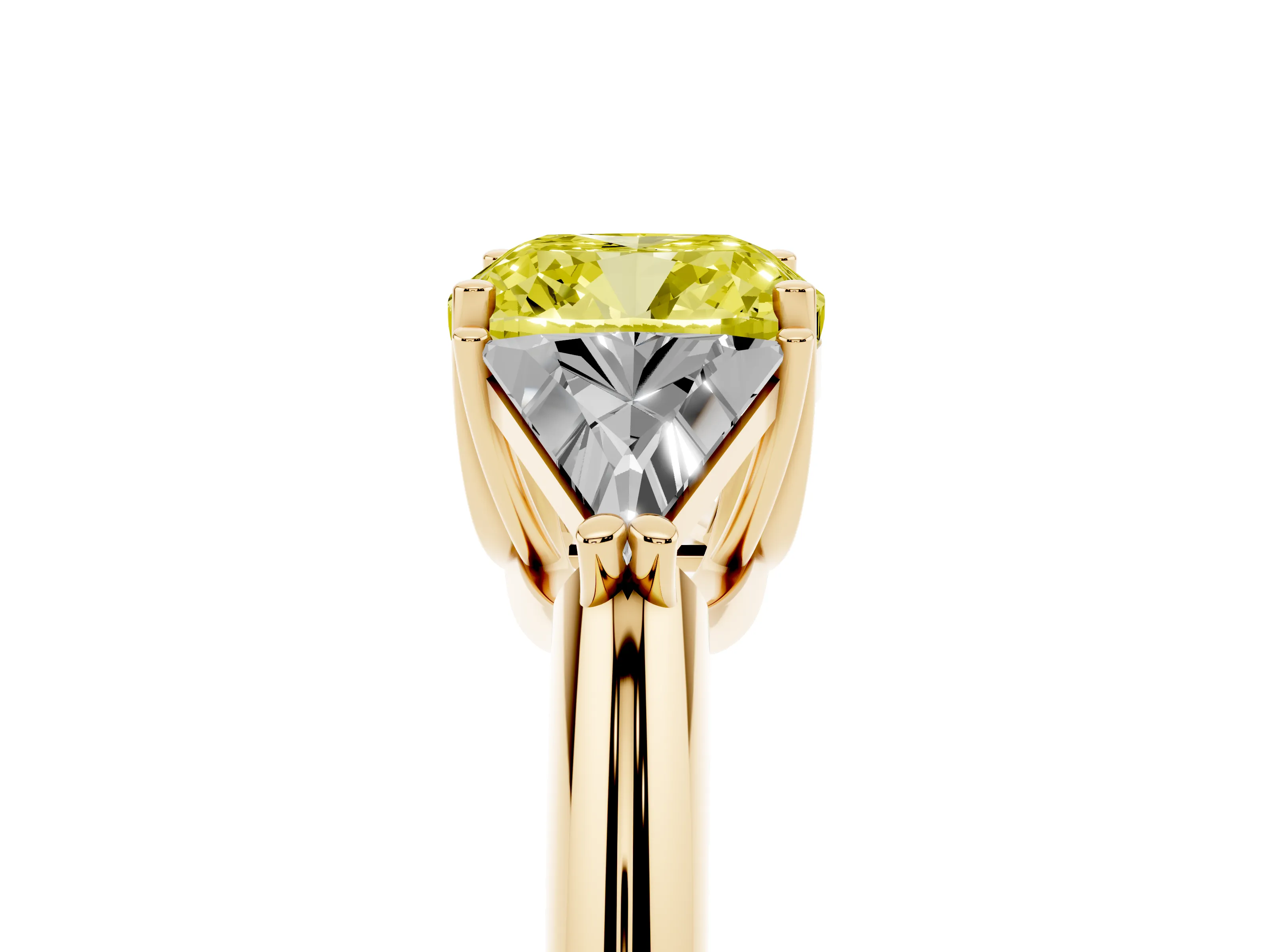 Fancy Yellow Cushion Cut Diamond Three-Stone Engagement Ring Set in Yellow gold with Trillion Side Stones