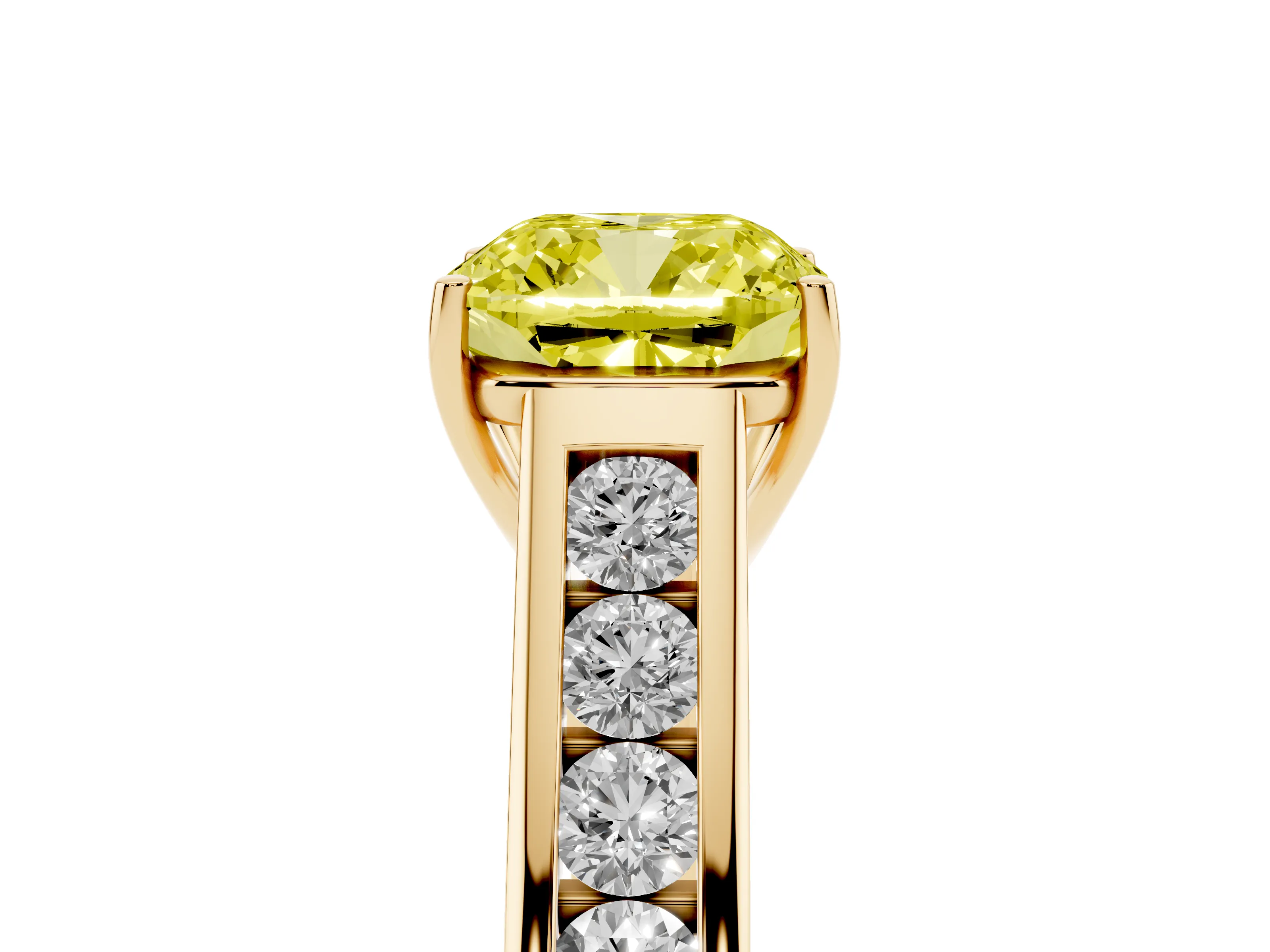 Fancy Yellow Cushion Cut Diamond Brilliant Channel-Set Solitaire Ring Set in Yellow gold with Prong Setting